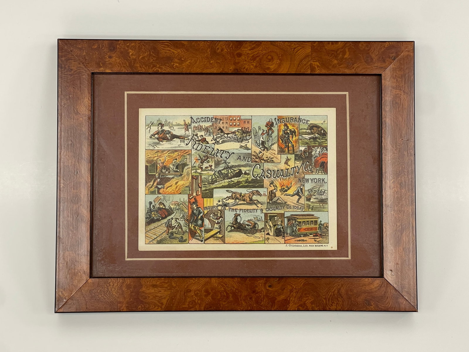 FIDELITY AND CASUALTY INSURANCE TRADE CARD: FIDELITY AND CASUALTY INSURANCE TRADE CARD 19TH C, FRAMED, EXCELLENT CONDITION.