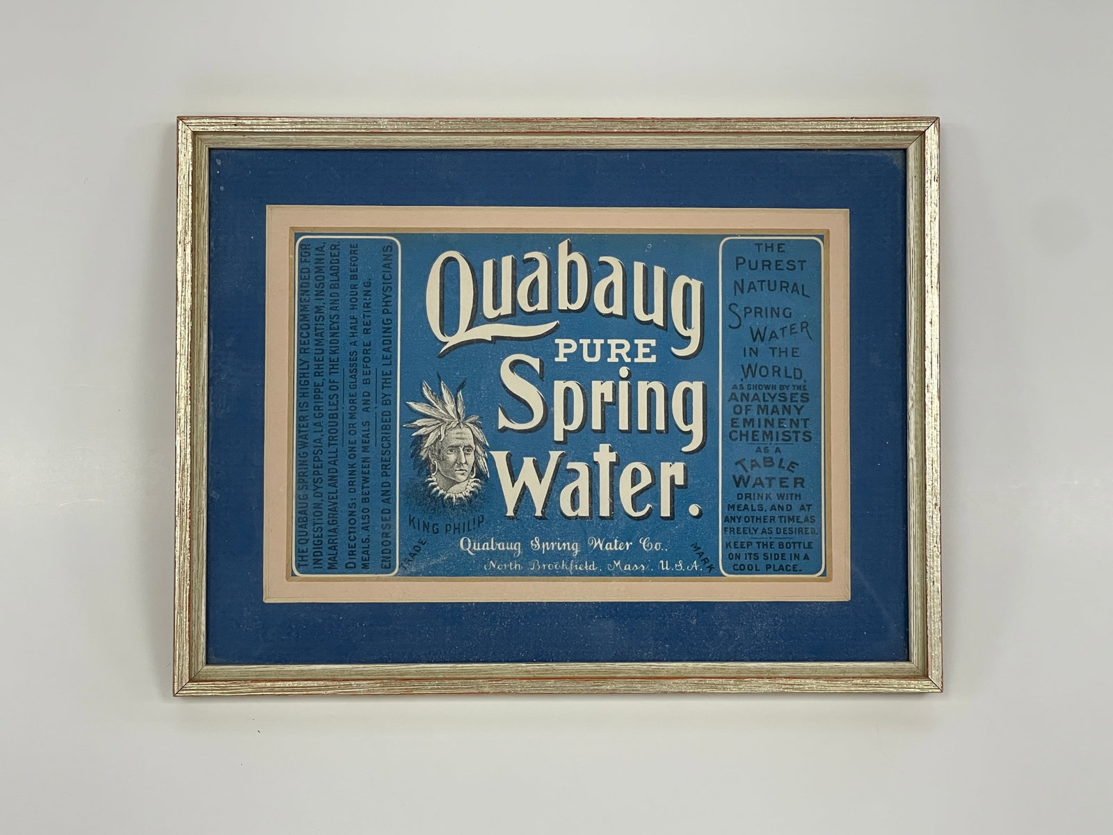 QUABAUG SPRING WATER TRADE CARD: QUABAUG SPRING WATER TRADE CARD 19TH C, NORTH BROOKFIELD, MA, FRAMED, EXCELLENT CONDITION.