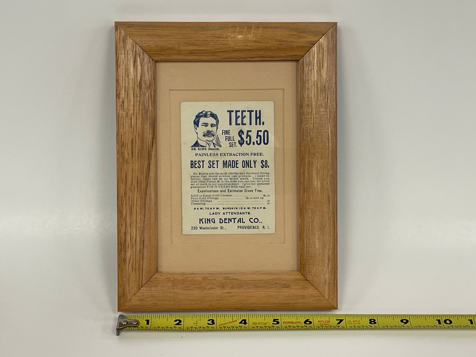FALSE TEETH $5.50 TRADE CARD: EXCEPTIONAL FALSE TEETH $5.50 TRADE CARD 19TH C, PROVIDENCE, RI, FRAMED, EXCELLENT CONDITION.