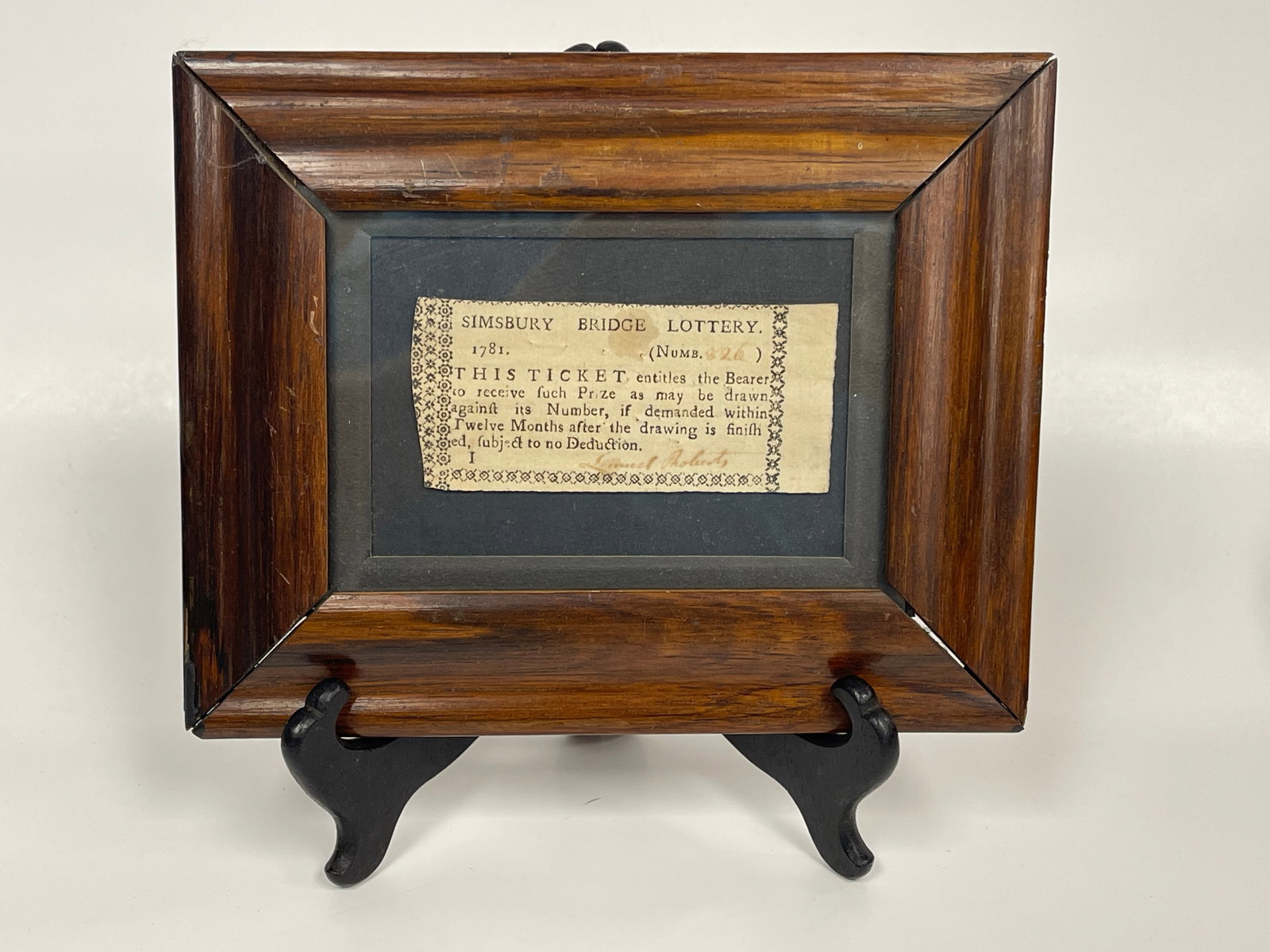 1781 SIMSBURY BRIDGE LOTTERY TICKET: 1781 SIMSBURY BRIDGE LOTTERY TICKET SIMSBURY, CT, FRAMED, EXCELLENT CONDITION.