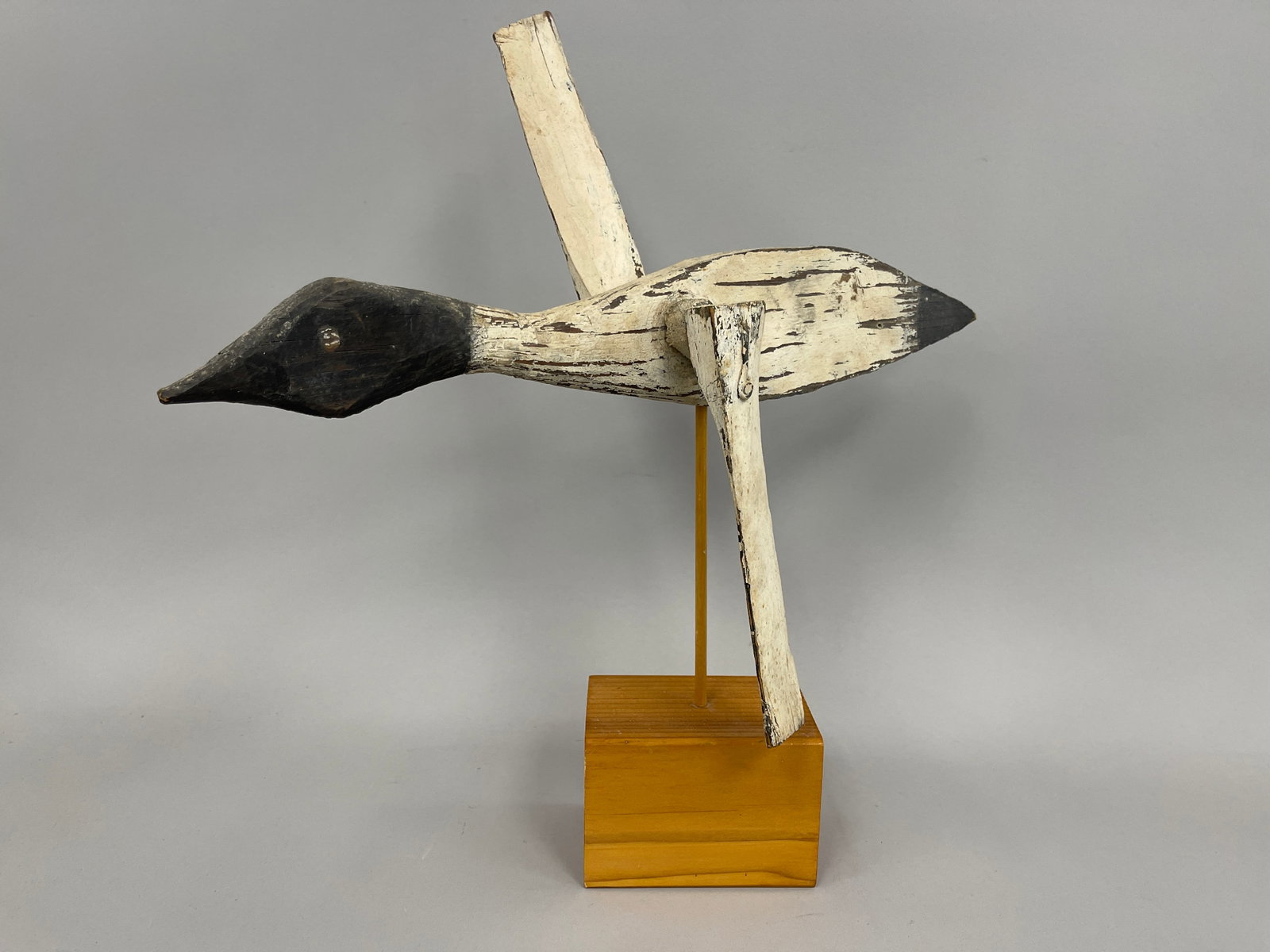 DUCK WHIRLIGIG: DUCK WHIRLIGIG C 1920’S, PINE, ORIGINAL PAINT, MODERN BASE, EXCELLENT CONDITION.