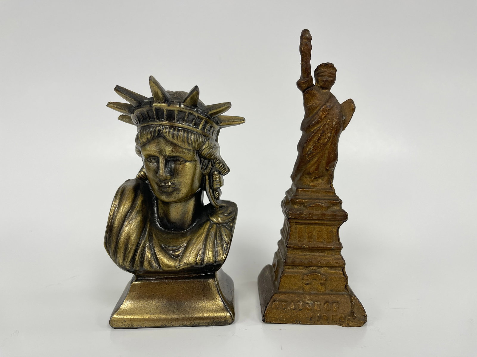STATUE OF LIBERTY FIGURES: STATUE OF LIBERTY FIGURES LATE 19TH C, METAL, IRON BANK & BUST, EXCELLENT CONDITION.
