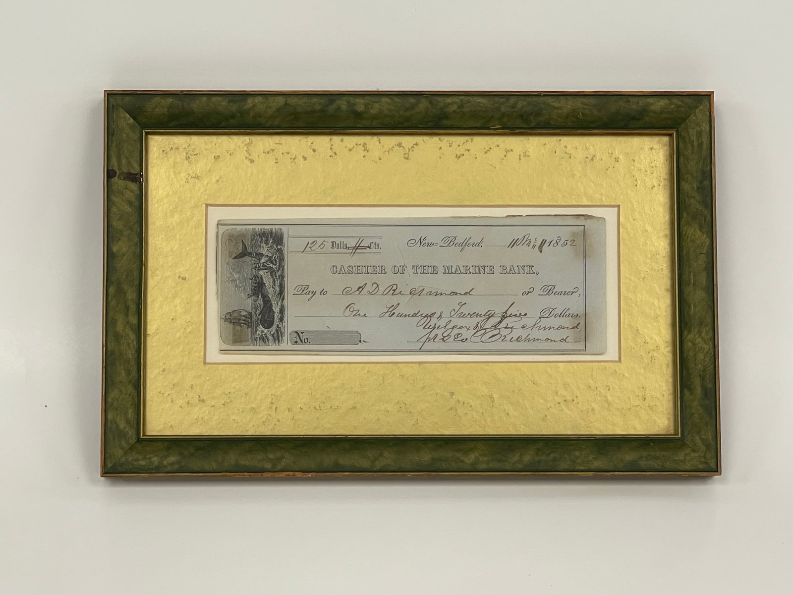 1852 NEW BEDFORD, MASS BANK NOTE: 1852 NEW BEDFORD, MASS BANK NOTE FRAMED, EXCELLENT CONDITION