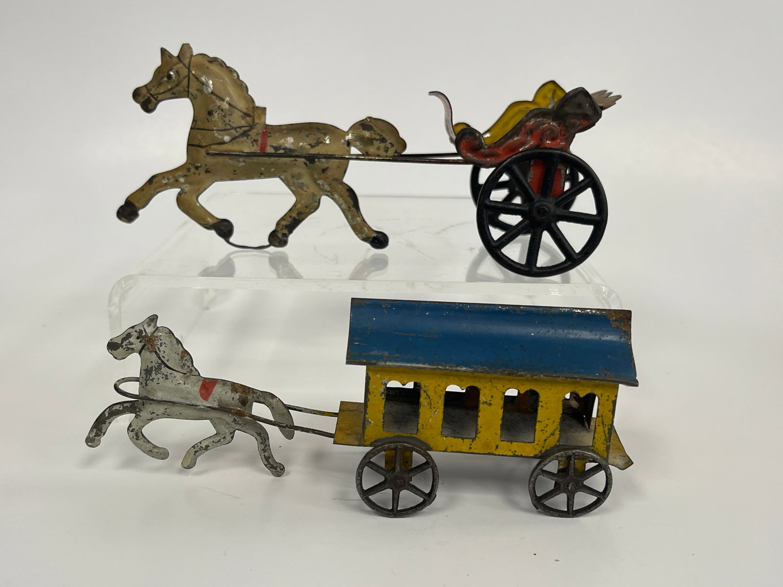 2 SMALL HORSE WITH CART PULL TOYS: 2 SMALL HORSE WITH CART PULL TOYS 19TH C, PRESSED STEEL