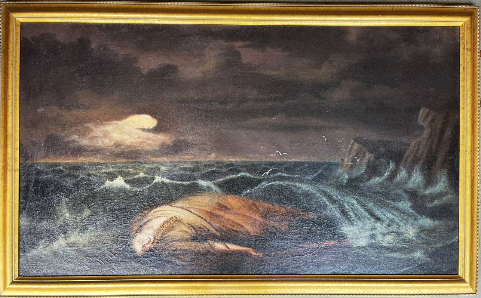 WRECK OF THE HESPERUS PAINTING: WRECK OF THE HESPERUS PAINTING O/C, MID 19TH C, DERIVED FROM FAMED POEM BY HENRY WADSWORTH LONGFELLOW (1842). FRAMED, COUPLE MINOR INVISIBLE OLD REPAIRS