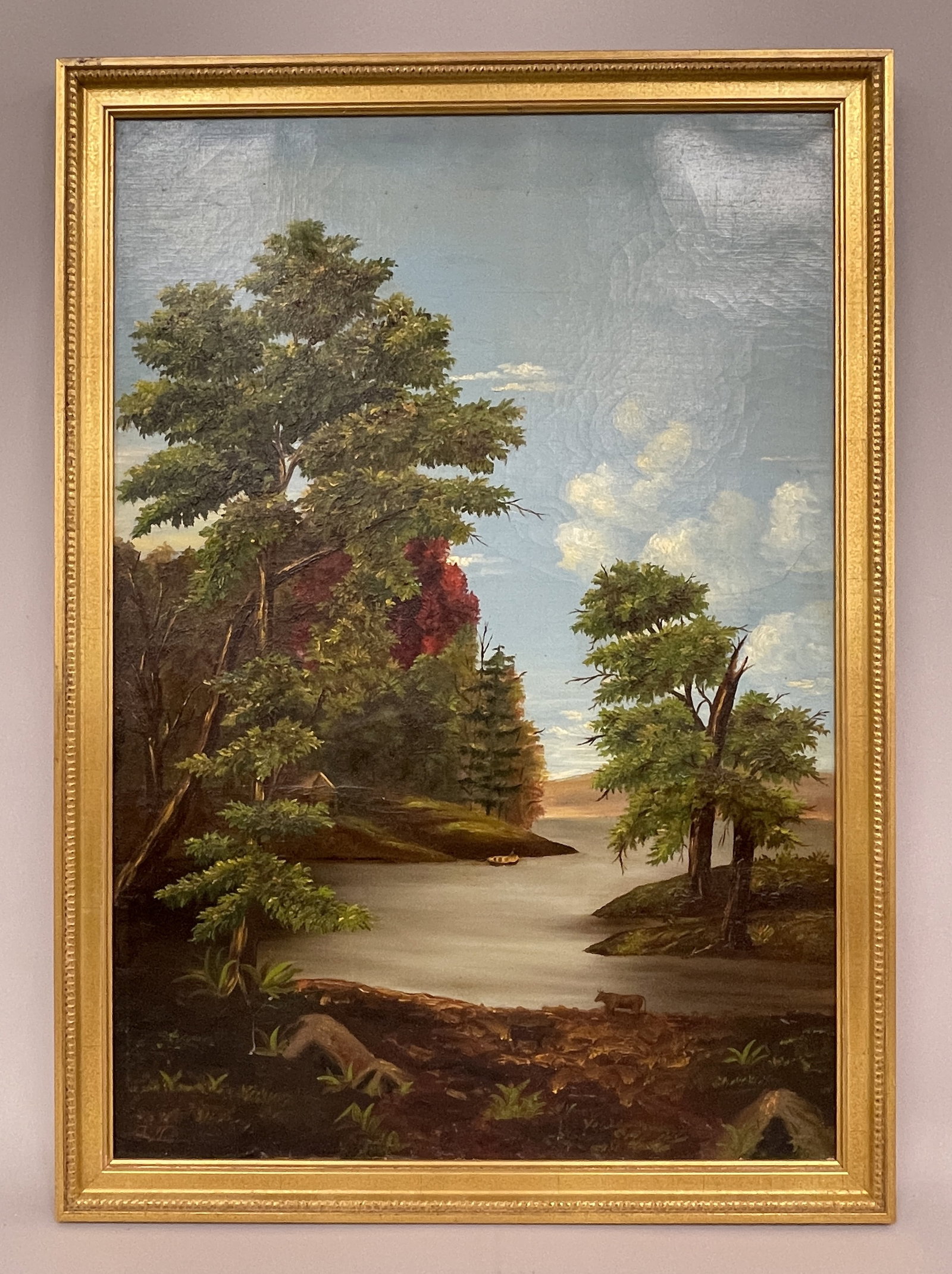 LUMINESCE RIVERSIDE PAINTING: LUMINESCE RIVERSIDE PAINTING O/C, LATE 19TH C, FEATURING CABIN, CANOE & COW. FINE RENDERING, PERIOD FRAME