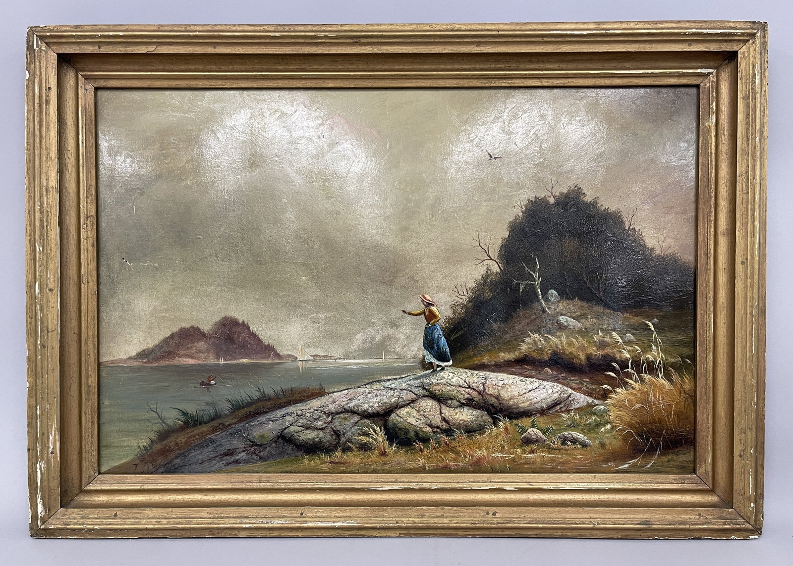 WOMAN WAVING AT SHORELINE PAINTING: WOMAN WAVING AT SHORELINE PAINTING O/AB, 19TH C, PERIOD FRAME, EXCELLENT CONDITION