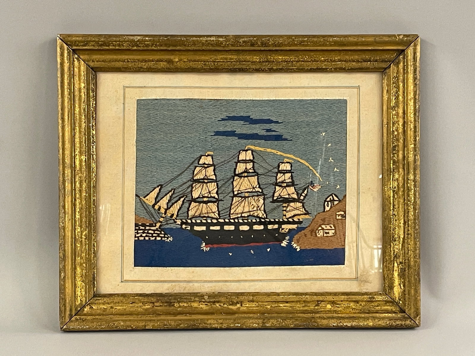 RARE AMERICAN WOOLIE: RARE AMERICAN WOOLIE MID 19TH C, ORIGINAL GILDED FRAME, VIBRANT COLORS, EXCELLENT CONDITION