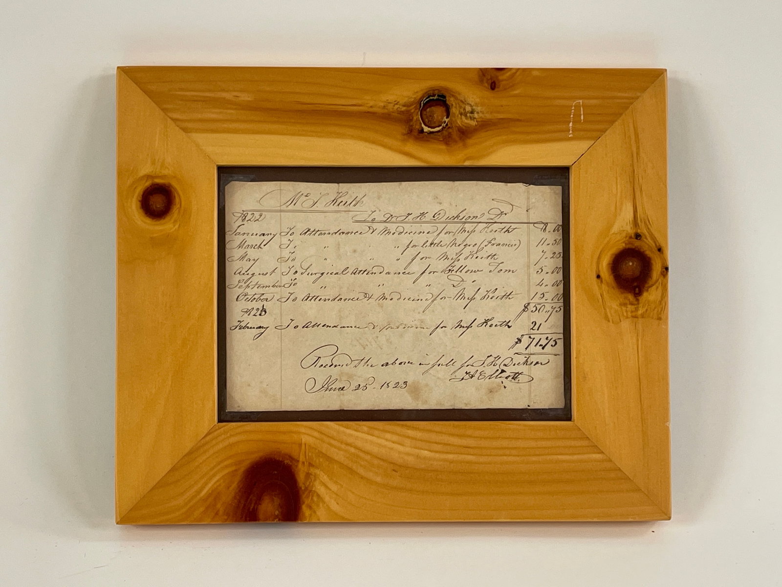 1823 MEDICAL SERVICES RECEIPT: 1823 MEDICAL SERVICES RECEIPT FRAMED, FINE CONDITION