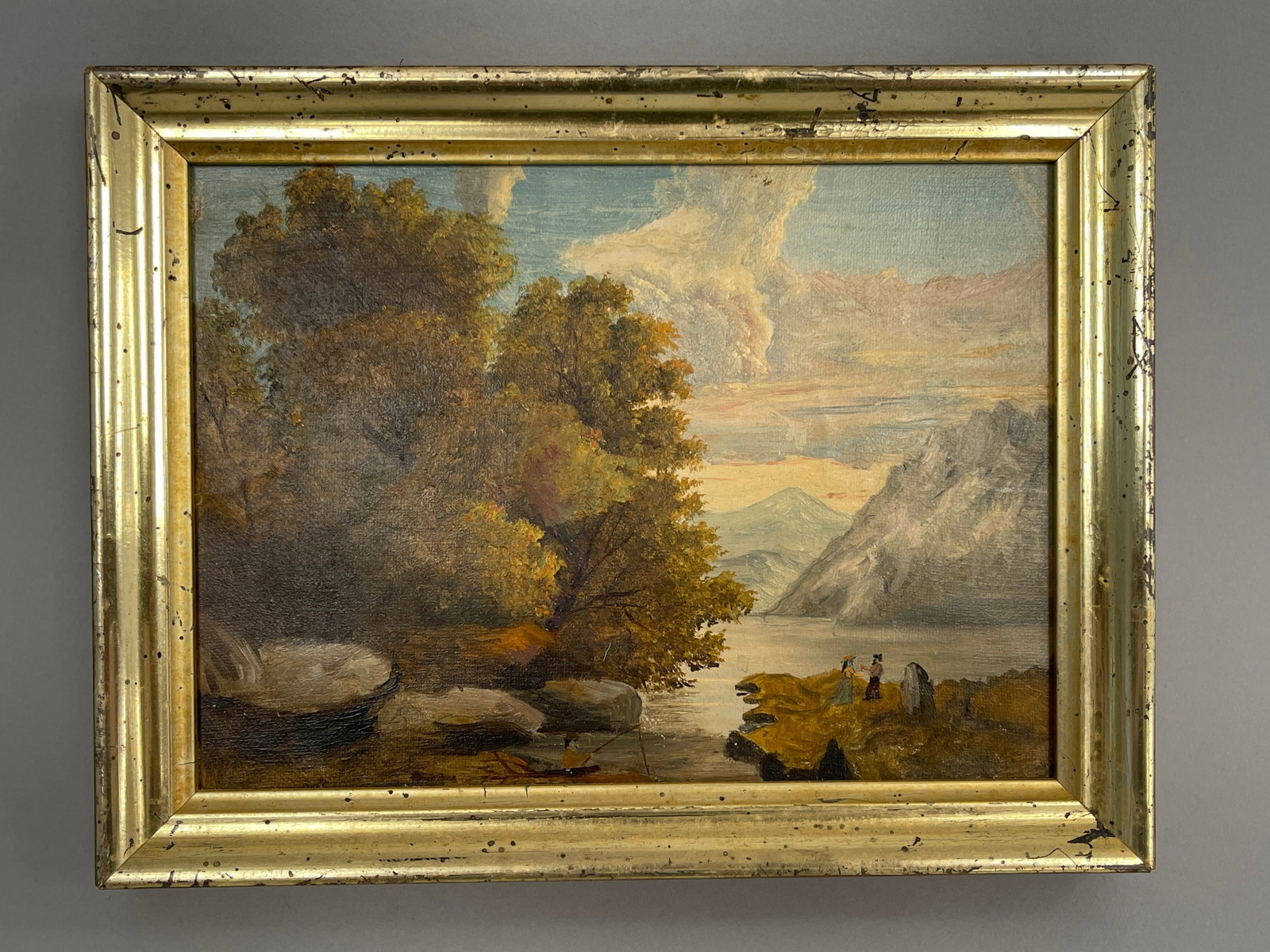 COUPLE AT SHORE MINIATURE PAINTING: COUPLE AT SHORE MINIATURE PAINTING O/AB, 19TH C, ORIGINAL FRAME, EXCELLENT CONDITION