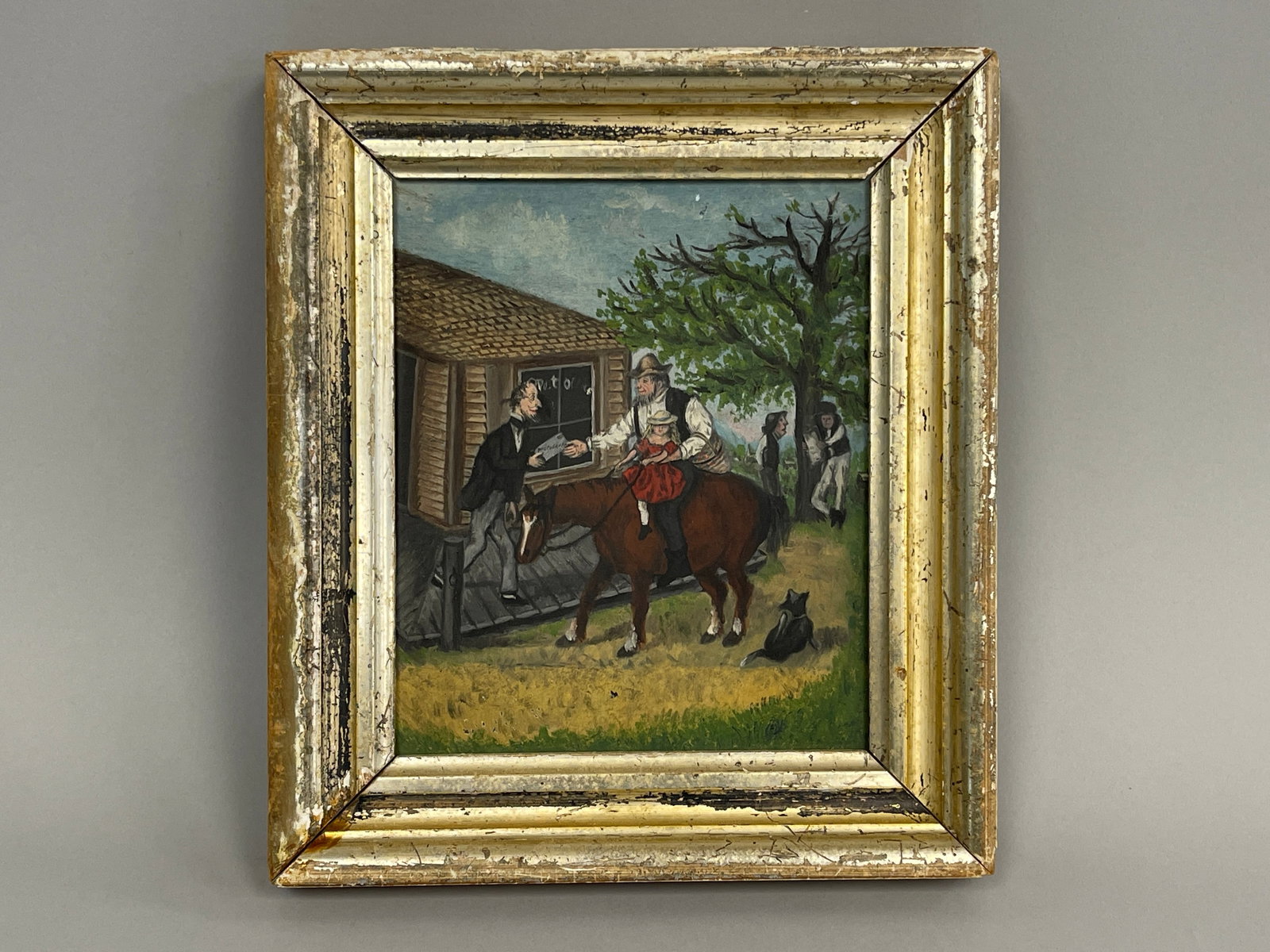 MAIL DELIVERY GENRE PAINTING: MAIL DELIVERY GENRE PAINTING O/AB, LATE 19TH C, ORIGINAL GILDED FRAME, EXCELLENT CONDITION