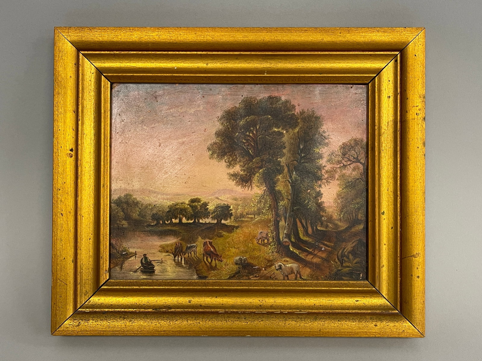 MAN IN ROWBOAT WITH COWS & SHEEP PAINTING (1 of 4)