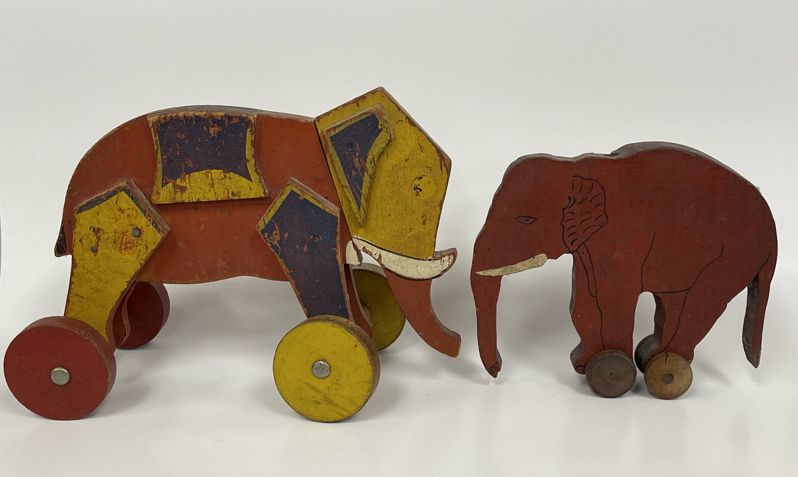 2 RED ELEPHANT PULL TOYS: 2 RED ELEPHANT PULL TOYS C 1920’S, EXCELLENT CONDITION