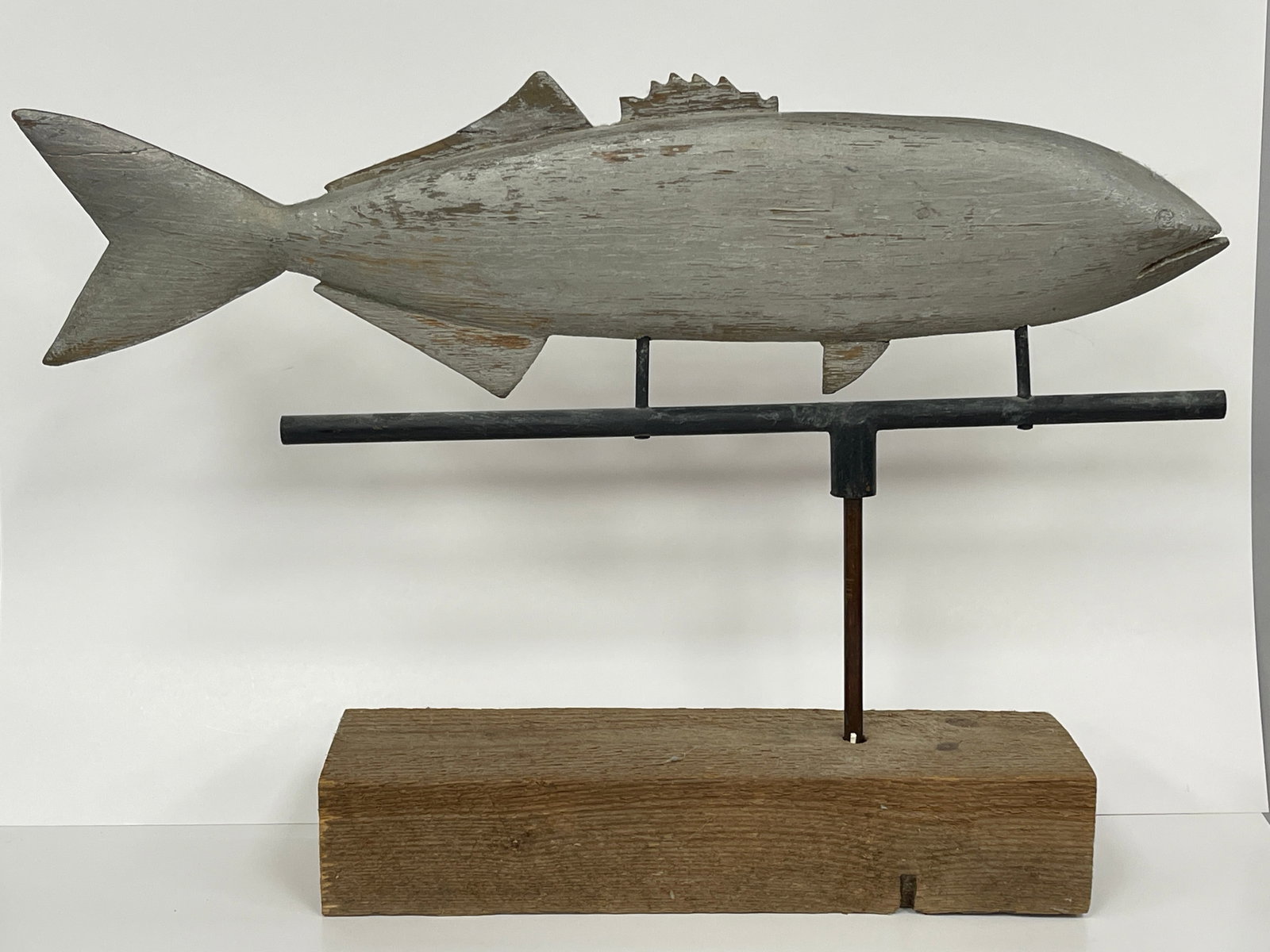 FISH WEATHERVANE: FISH WEATHERVANE C 1900, ORIGINAL SILVER GRAY PAINT, METAL MOUNT, MODERN BASE, EXCELLENT CONDITION.