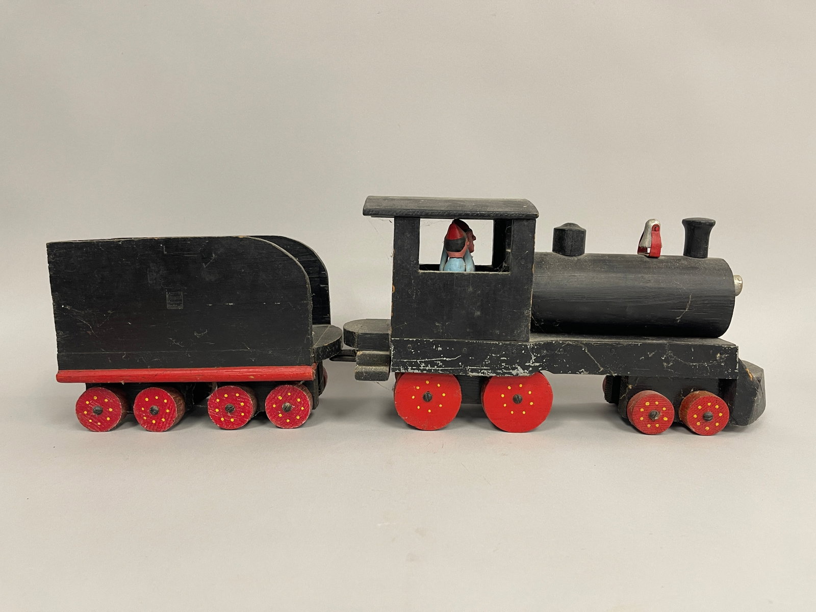 LOCOMOTIVE & COAL CAR TOY: LOCOMOTIVE & COAL CAR TOY C 1920, ORIGINAL BLACK WITH RED WHEELS PAINT, WOOD & METAL, EXCELLENT CONDITION