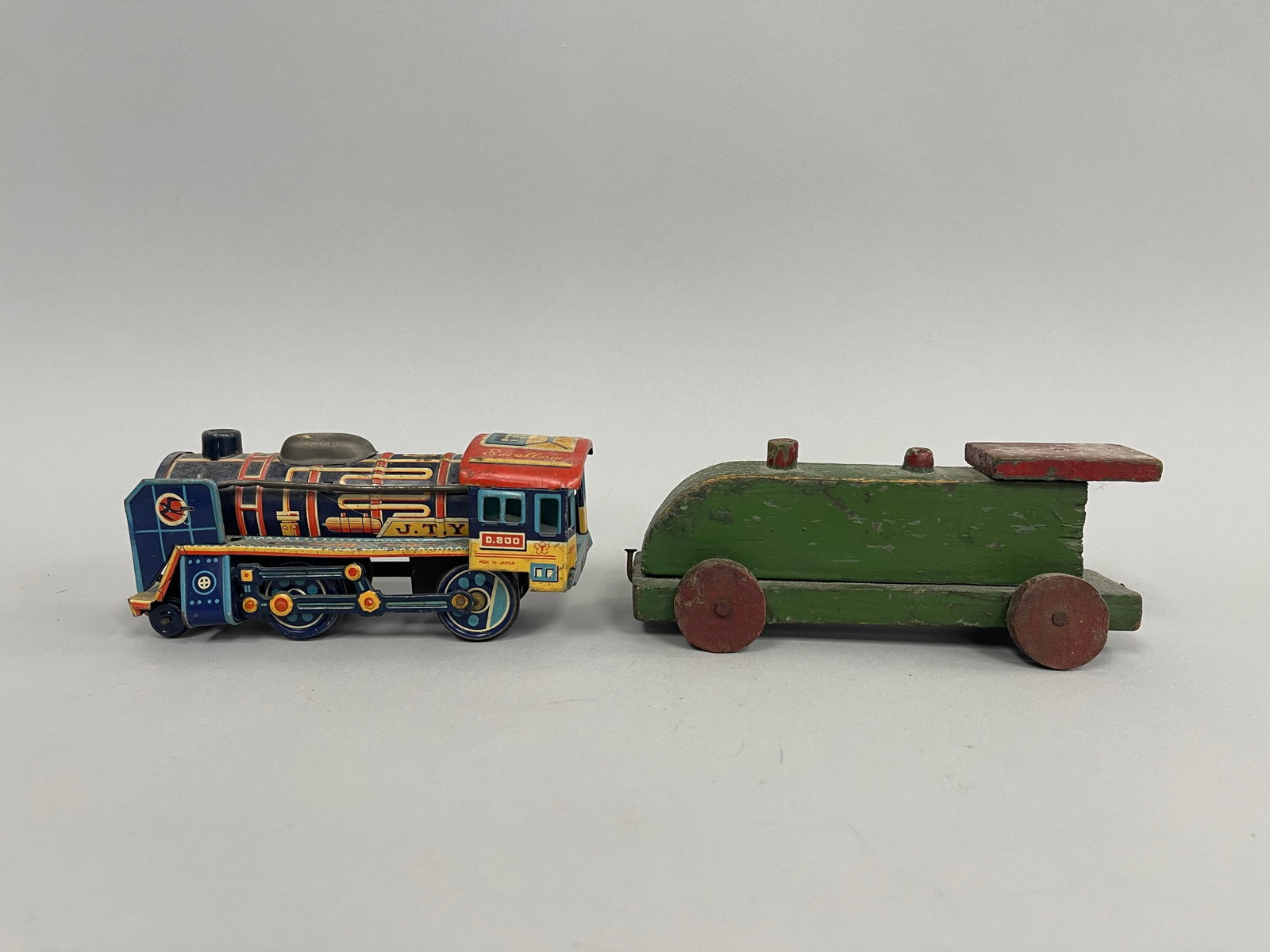 2 TOY LOCOMOTIVES: 2 TOY LOCOMOTIVES EARLY 20TH C, PRESSED STEEL AND WOOD EXAMPLES, EXCELLENT CONDITIO