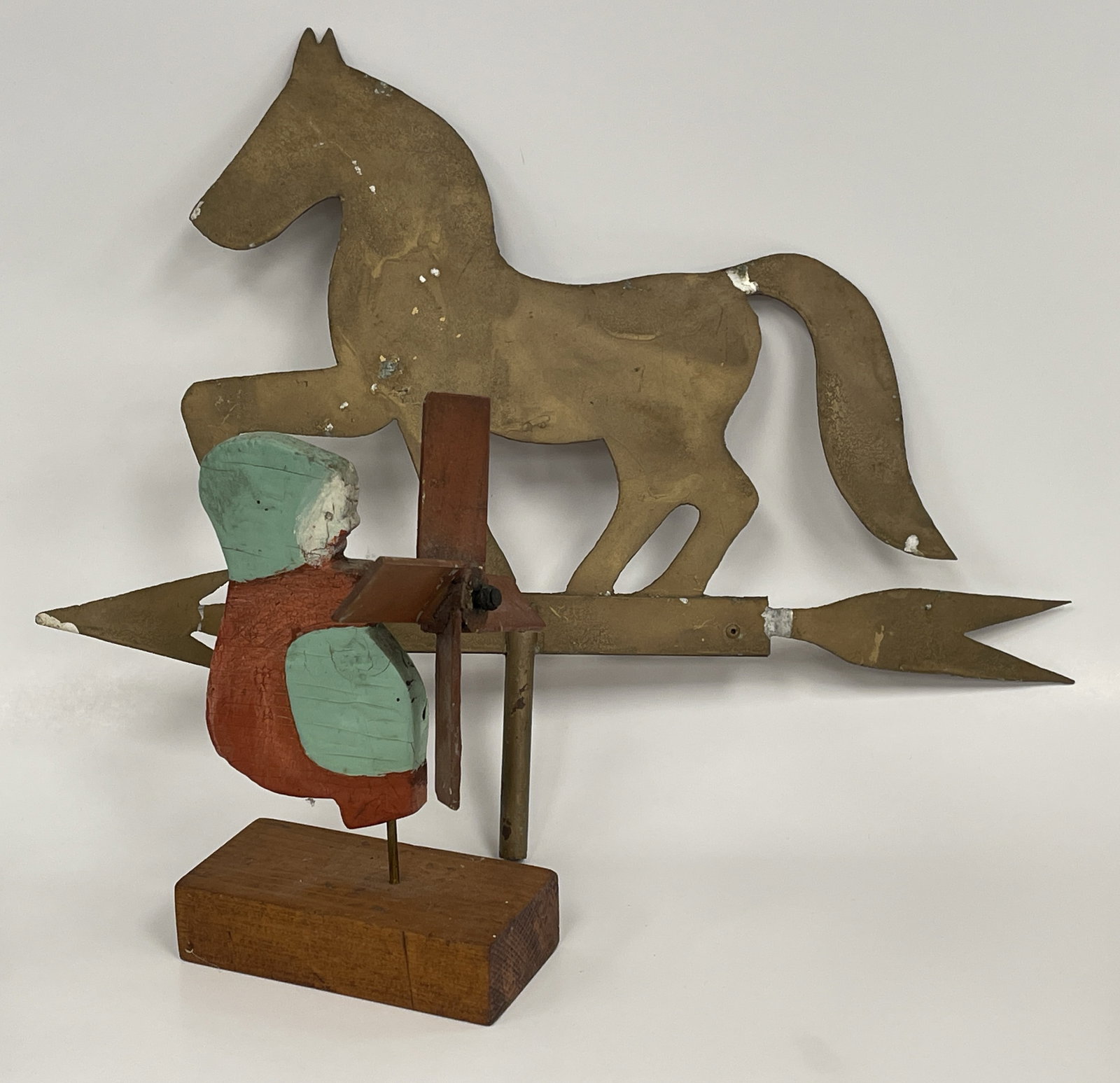 HORSE VANE & WHIRLIGIG LOT: HORSE VANE & WHIRLIGIG LOT EARLY 20TH C, SHEET IRON ORIGINAL GOLD PAINTED HORSE & WOODEN AMISH GIRL WHIRLIGIG, EXCELLENT CONDITION
