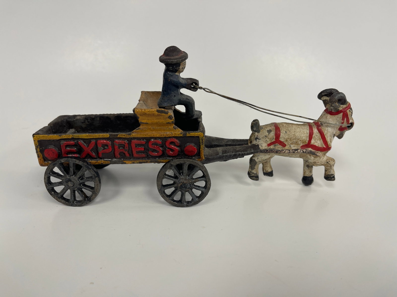 EXPRESS GOAT CART WITH DRIVER TOY: EXPRESS GOAT CART WITH DRIVER TOY C 1900, CAST IRON, EXCELLENT CONDITION