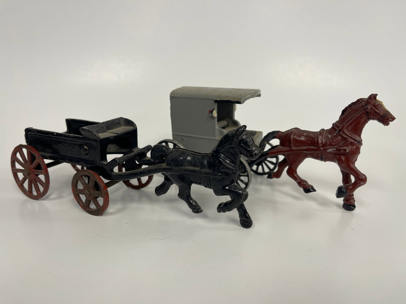 2 HORSE DRAWN CART TOYS: 2 HORSE DRAWN CART TOYS C 1900, CAST IRON, EXCELLENT CONDITION