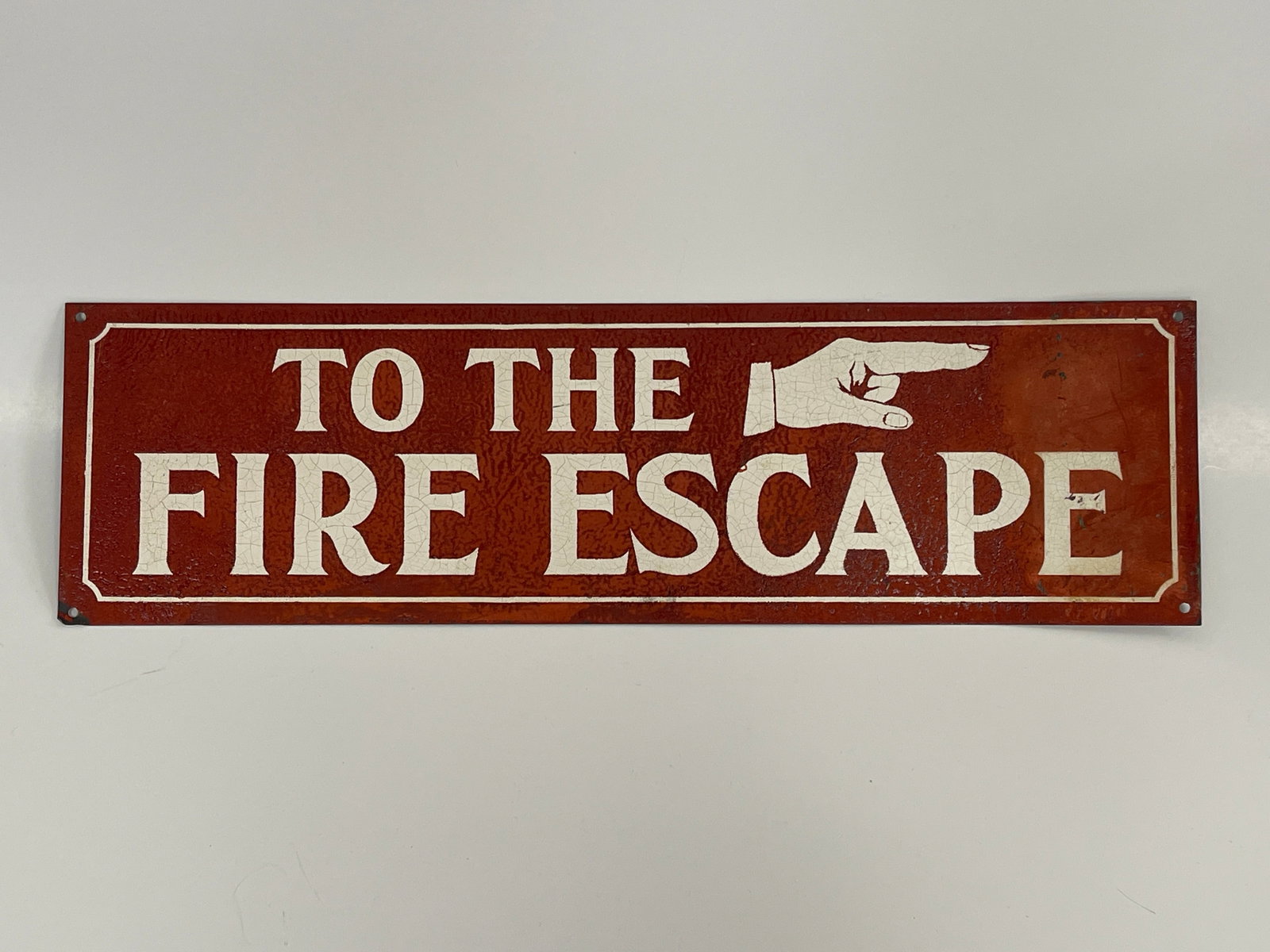 FIRE ESCAPE SIGN: FIRE ESCAPE SIGN C 1900, PRESSED STEEL, GREAT PAINTED SURFACE, EXCELLENT CONDITION.