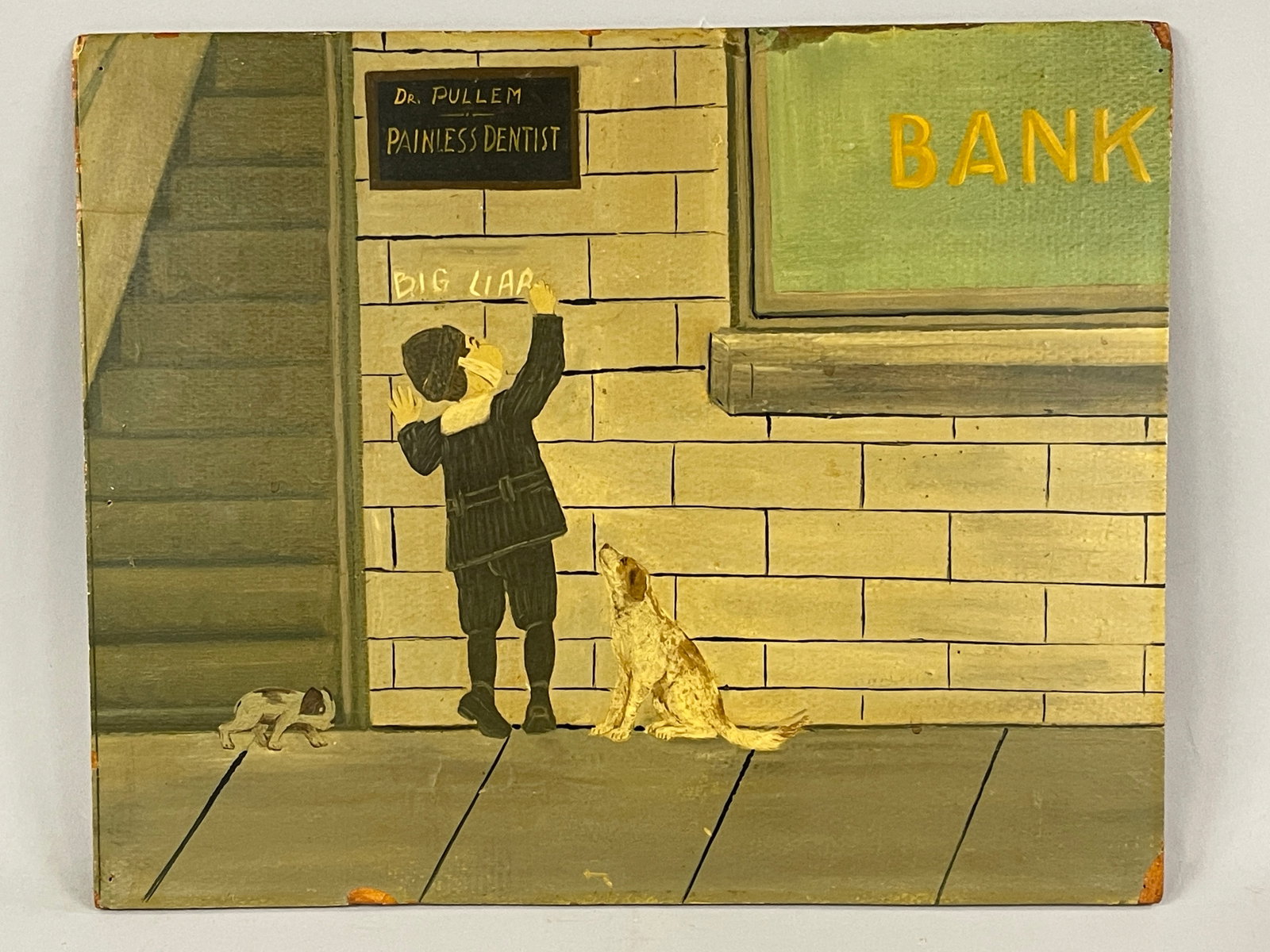 FABULOUS DENTAL OFFICE GENRE PAINTING: FABULOUS DENTAL OFFICE GENRE PAINTING O/AB, LATE 19TH C, EXCELLENT CONDITION