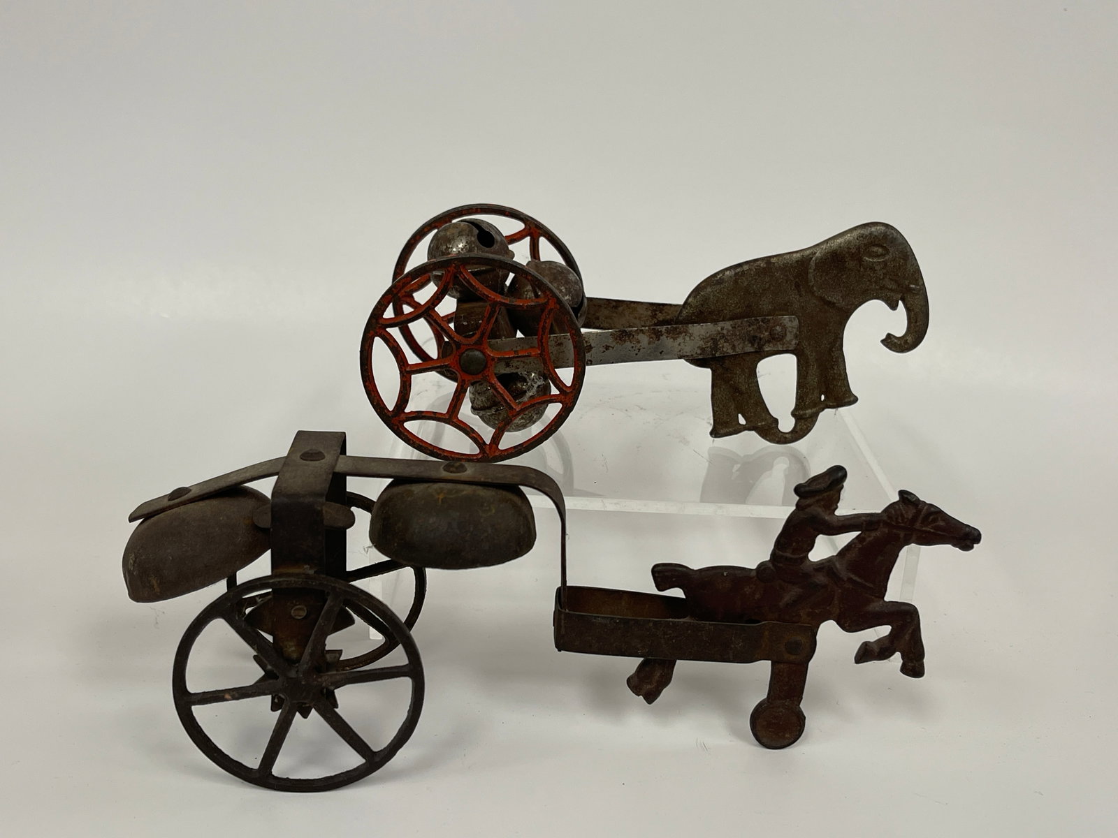 HORSE DRAWN BELL TOYS: HORSE DRAWN BELL TOYS LATE 19TH C, IRON & STEEL, EXCELLENT CONDITION.
