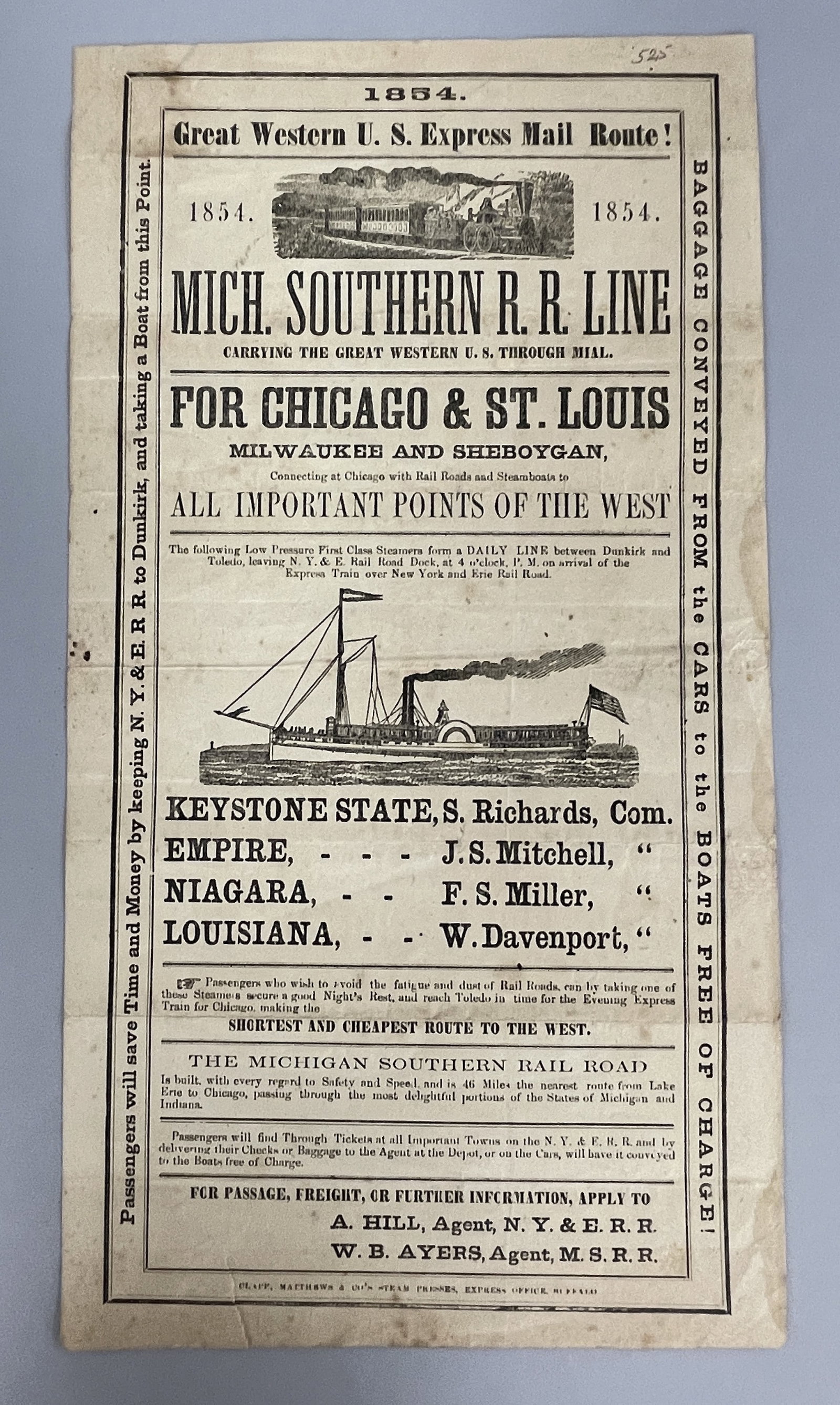 MICHIGAN SOUTHERN RR LINE BROADSIDE: MICHIGAN SOUTHERN RR LINE BROADSIDE 1834 RAILROAD & STEAMSHIP BROADSIDE, UNFRAMED, EXCELLENT CONDITION.