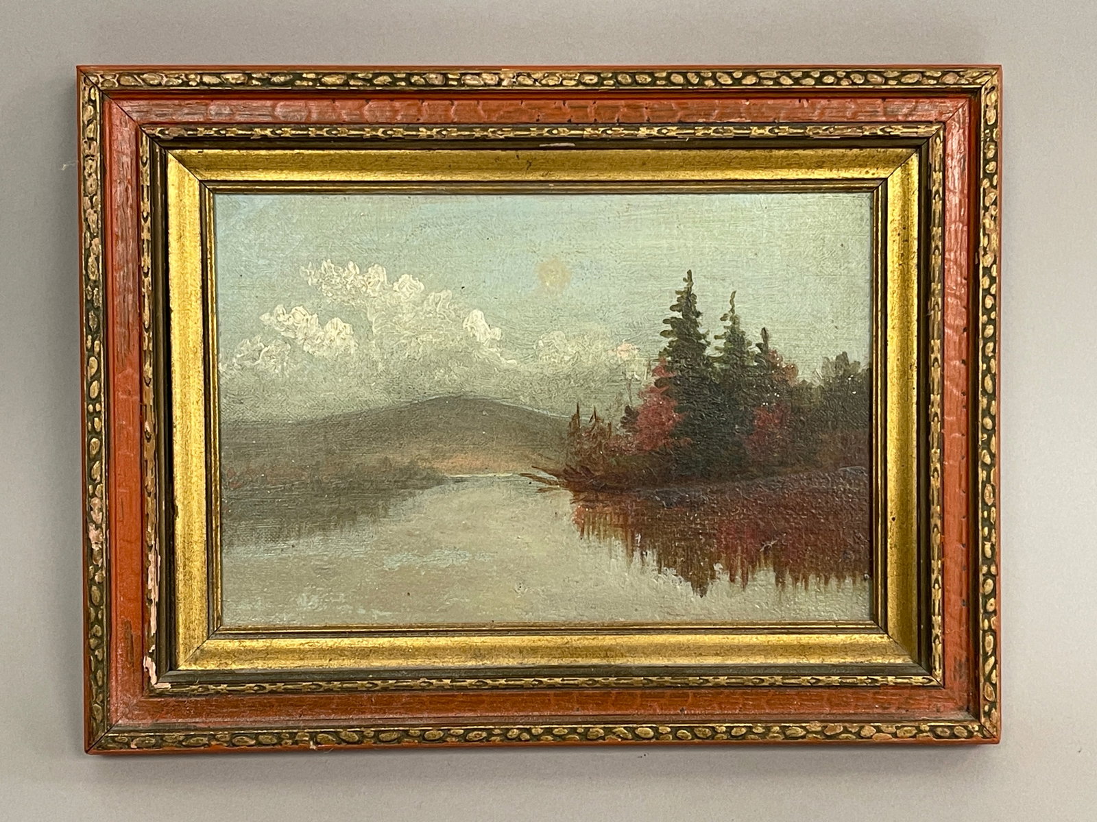 WATERSIDE SCENE PAINTING: WATERSIDE SCENE PAINTING 100-200 O/C, ORIGINAL RED, BLACK & GILT FRAME, EXCELLENT CONDITION.