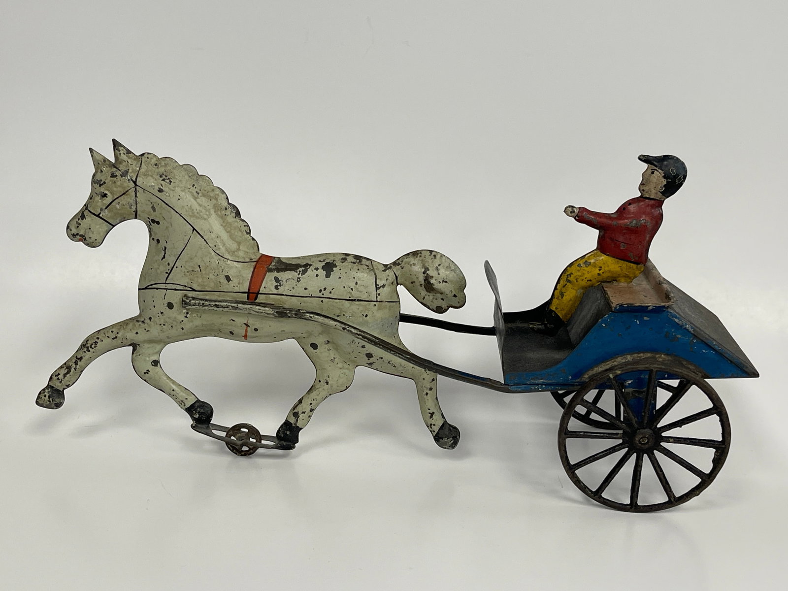 BLUE HORSE CART WITH DRIVER: BLUE HORSE CART WITH DRIVER LATE 19TH C, PRESSED STEEL, EXCELLENT CONDITION
