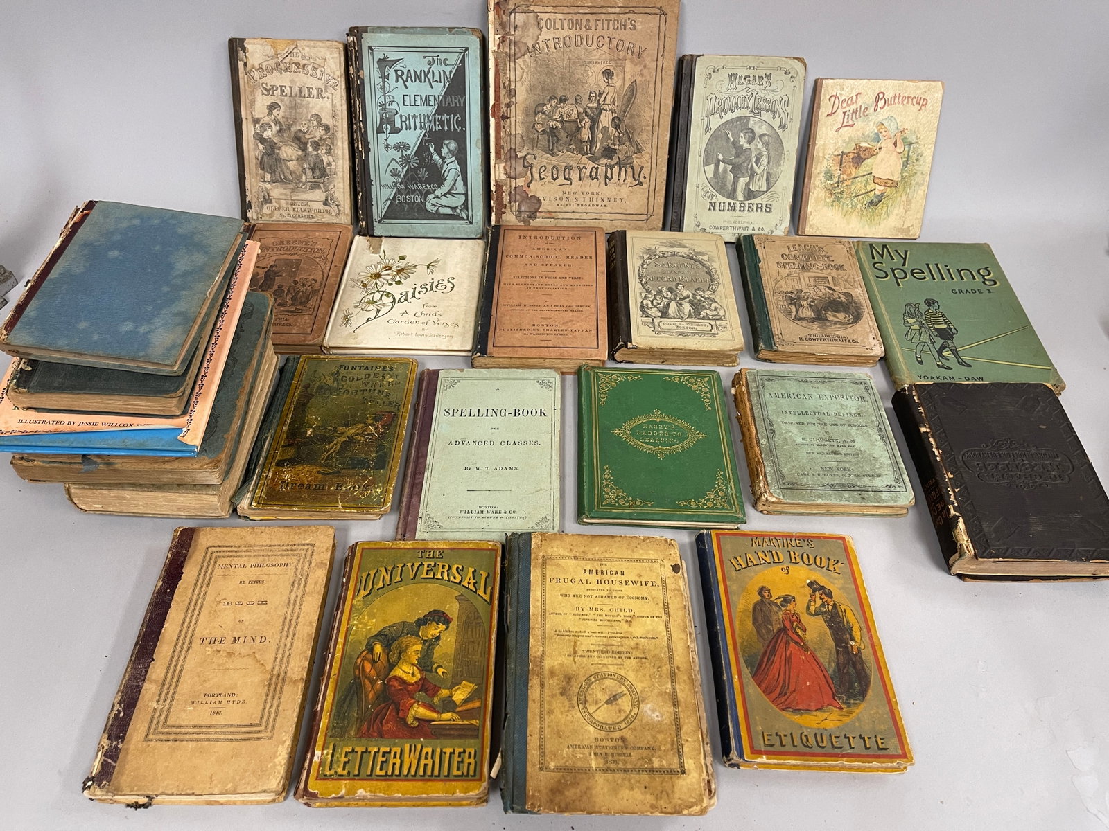 GROUP OF EARLY BOOKS: GROUP OF EARLY BOOKS 19TH C, LOT OF 29, MANY ARE SCHOOL LESSON BOOKS, GOOD CONDITION.
