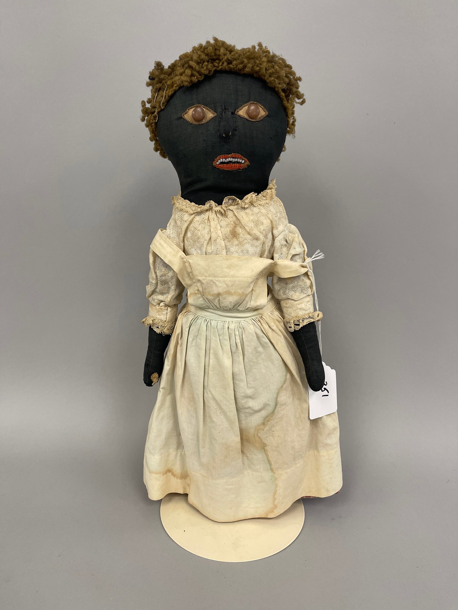 EARLY BLACK RAG DOLL: EARLY BLACK RAG DOLL 19TH C, EMBROIDERED FACE, BUTTON EYES, WHITE DRESS, WHITE LACE BLOUSE,