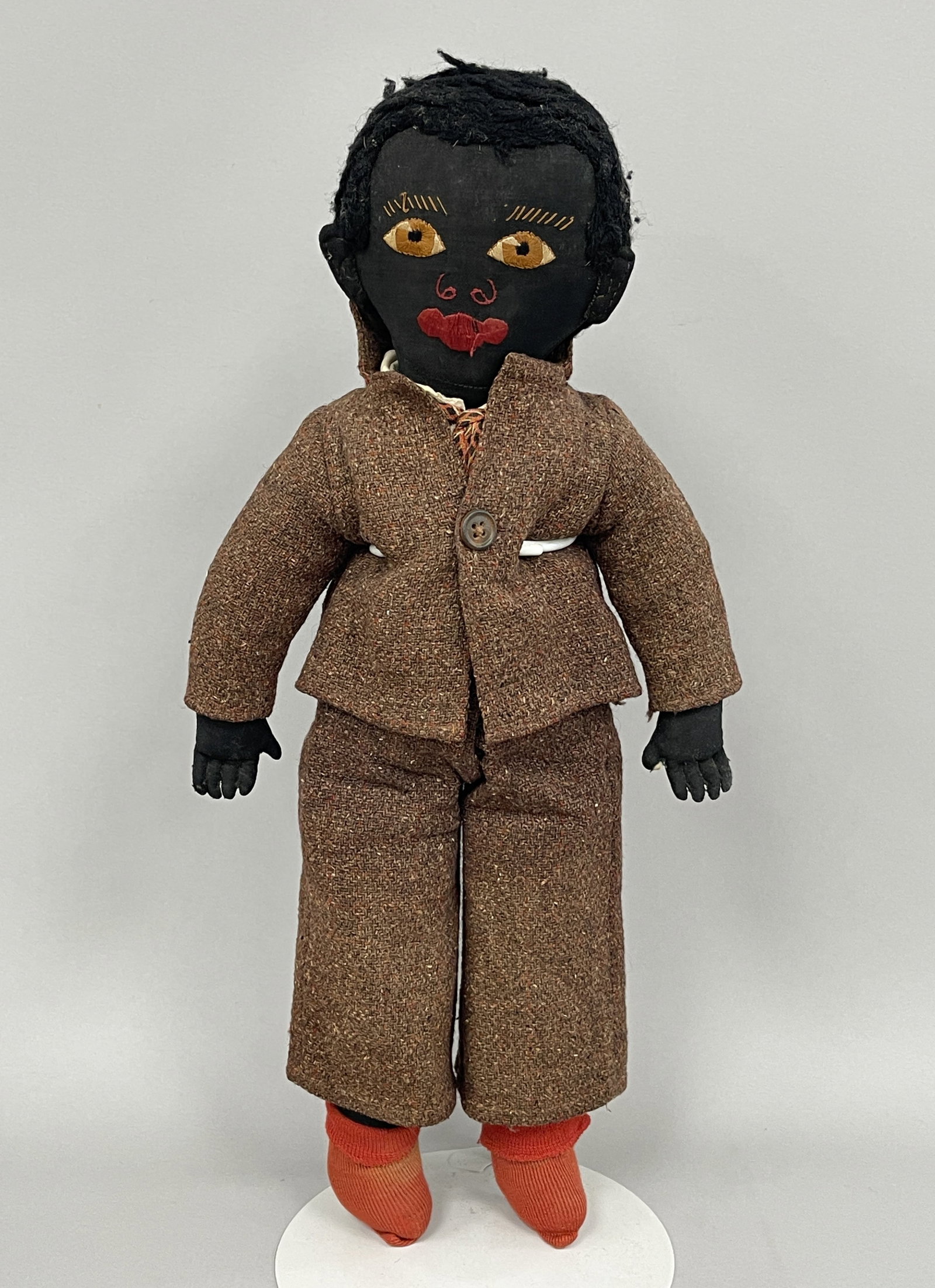 EARLY BLACK BOY RAG DOLL: RARE BLACK BOY EARLY RAG DOLL 19TH C, EMBROIDERED FACE