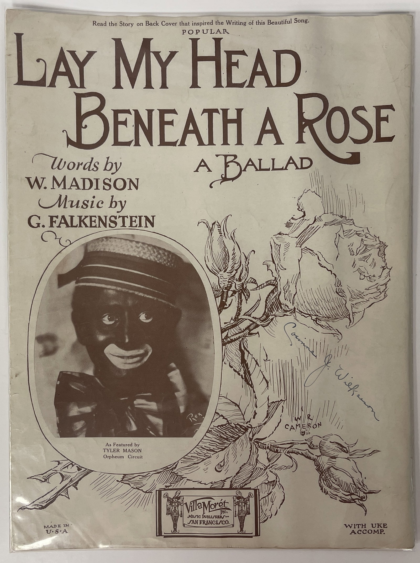 BLACKFACE SHEET MUSIC: BLACKFACE SHEET MUSIC EARLY 20TH C, “LAY MY HEAD BENEATH A ROSE”, UNEXAMINED OUT OF SLEEVE