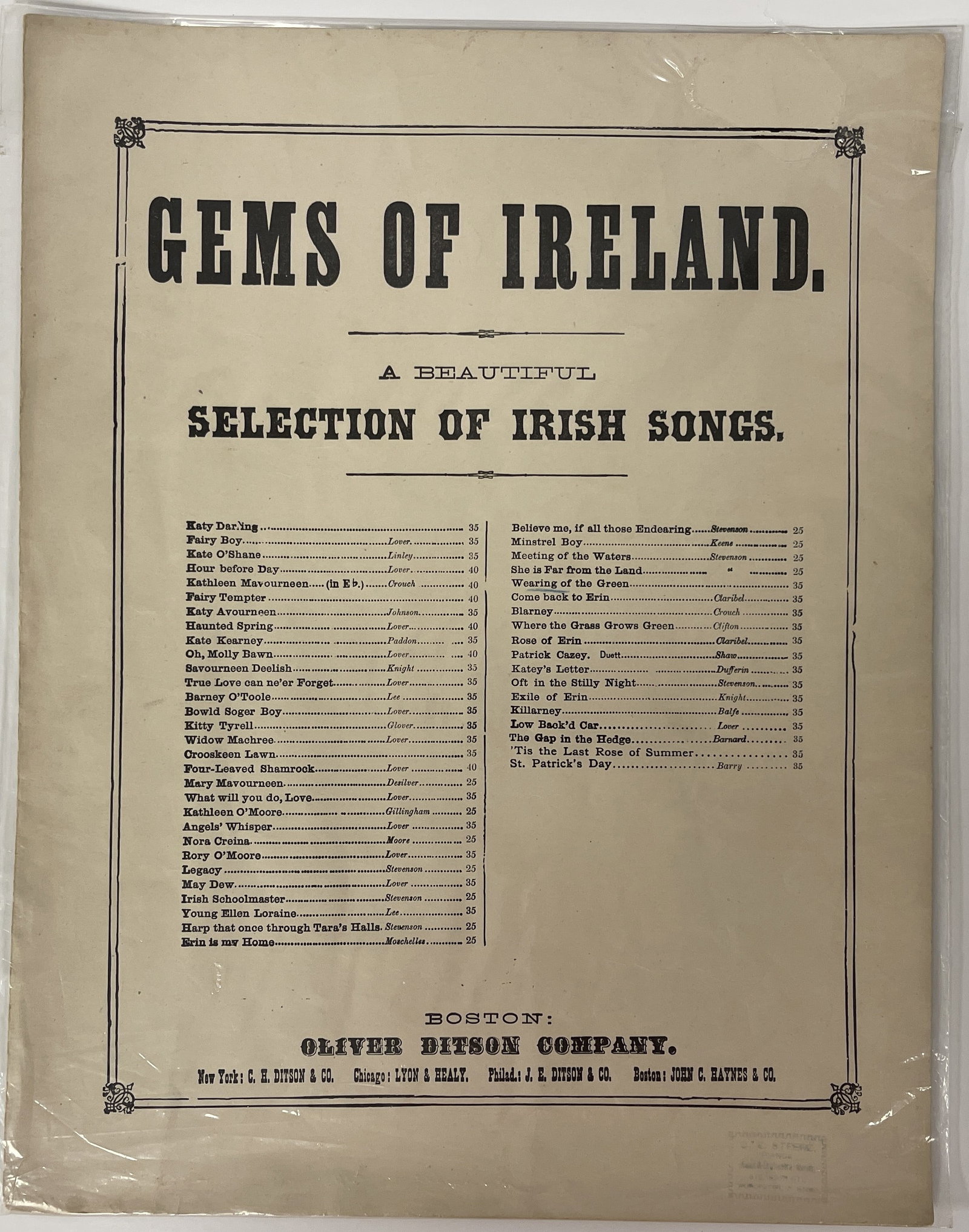 GEMS OF IRELAND SONGBOOK: GEMS OF IRELAND SONGBOOK EARLY 20TH C, NOT EXAMINED OUT OF SLEEVE.