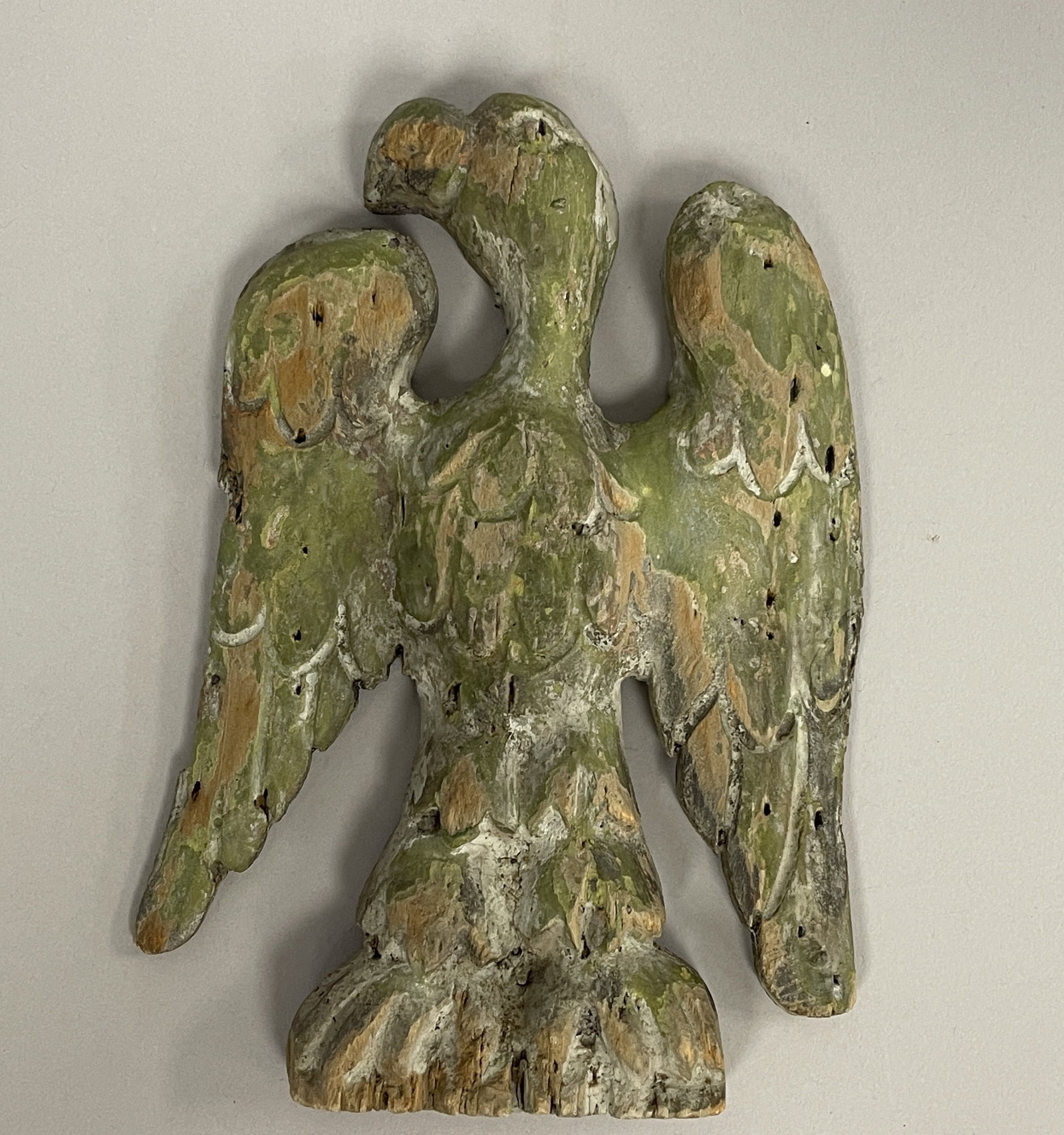 FLATBACK EAGLE PLAQUE: FLATBACK EAGLE PLAQUE C 1900, PINE, WEATHERED ORIGINAL PAINT, EXCELLENT CONDITION.