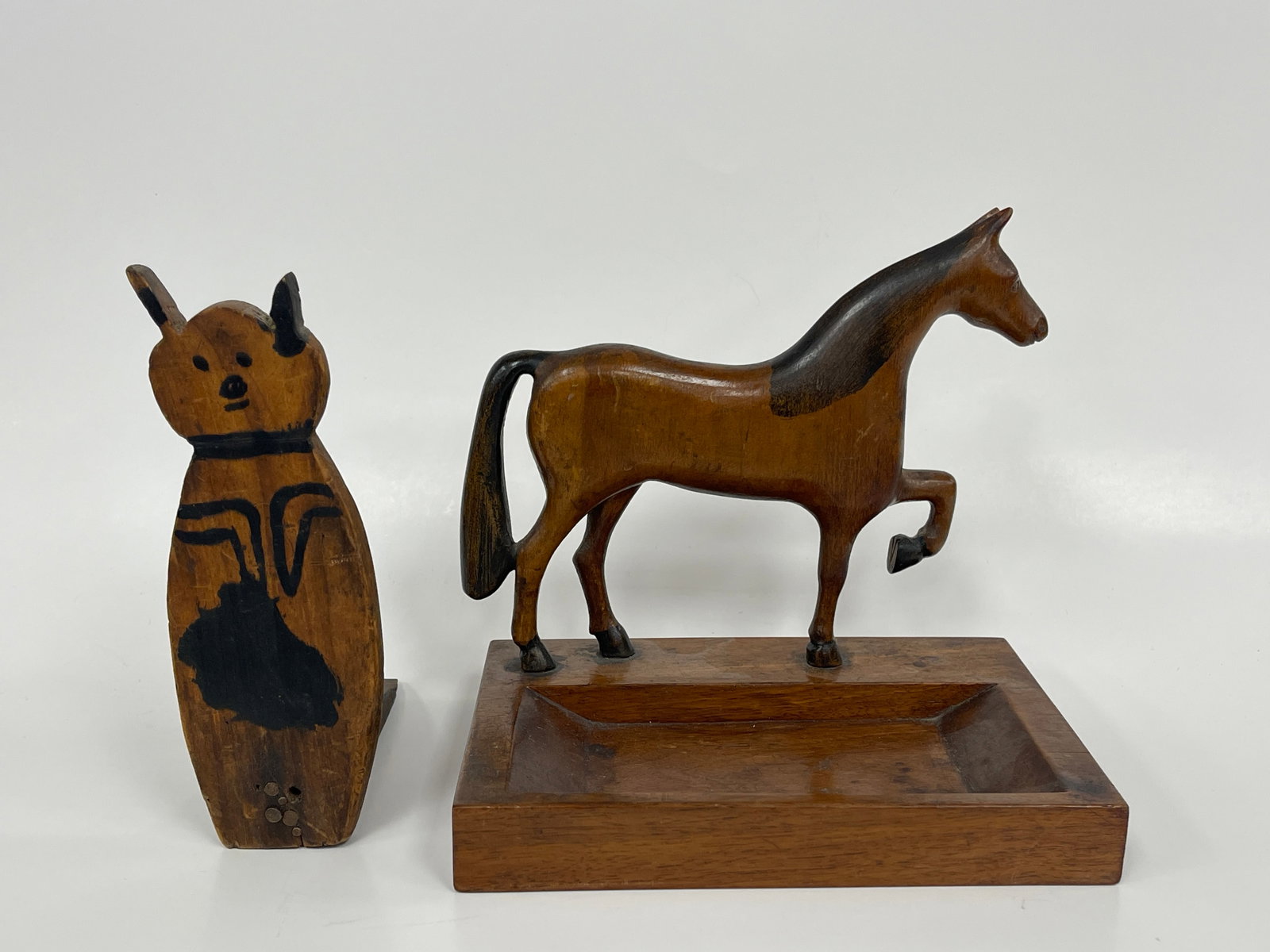 HORSE CARD TRAY & OWL DOORSTOP: HORSE CARD TRAY & OWL DOORSTOP EARLY 20TH C, PINE, ORIGINAL SURFACES, EXCELLENT CONDITION