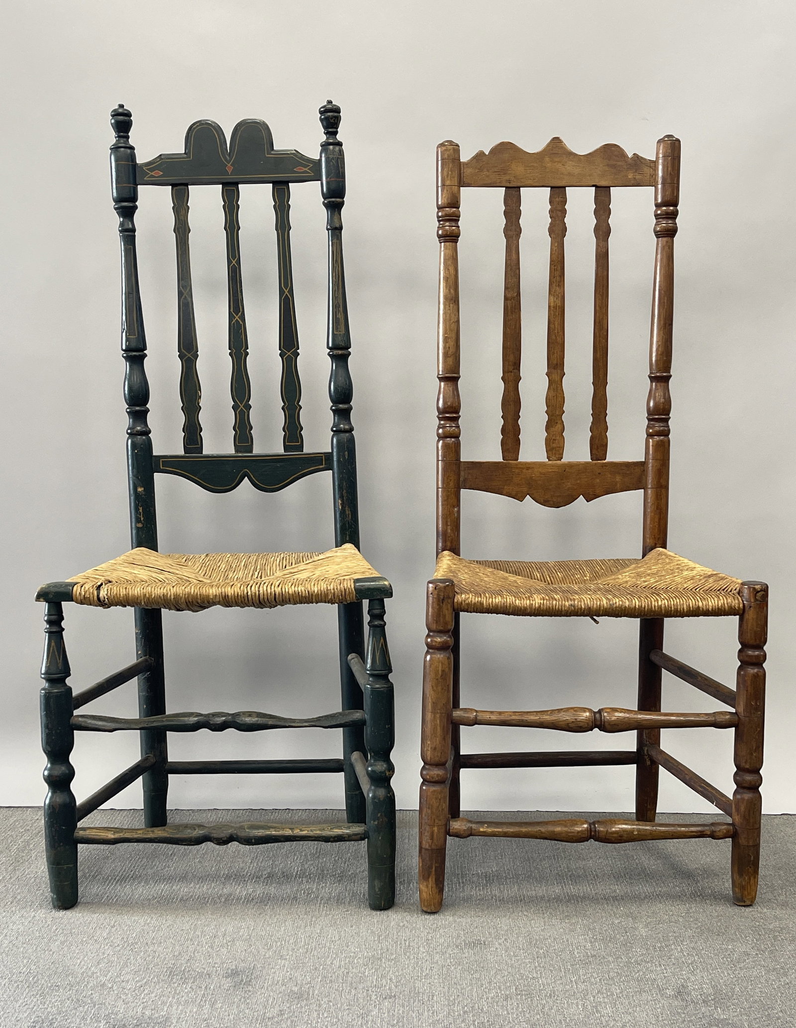 TWO BANISTER BACK SIDE CHAIRS: TWO BANISTER BACK SIDE CHAIRS, ONE DECORATED 46 X 18, OTHER 44 X 17