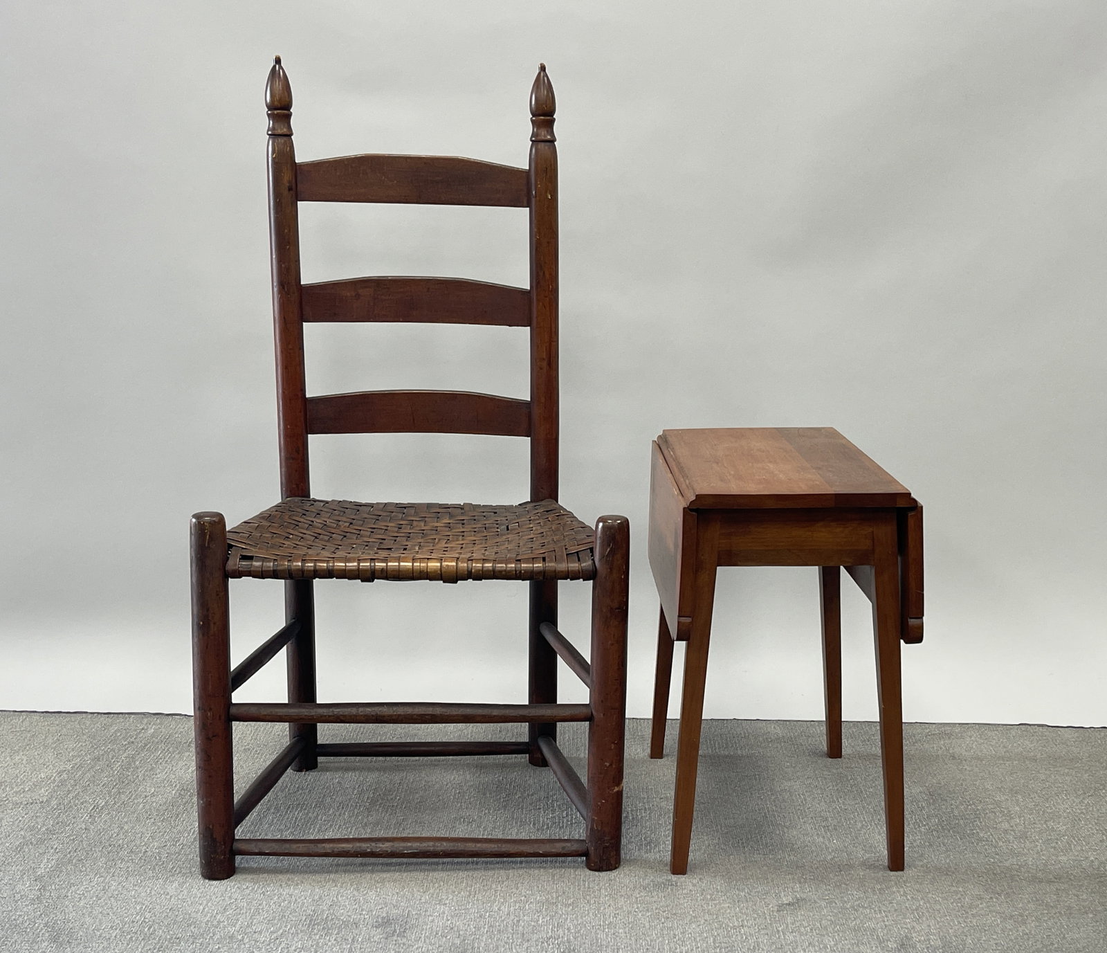 LADDERBACK SIDE CHAIR, SMALL DROP LEAF TABLE: LADDERBACK SIDE CHAIR 36 X 14.5, SMALL DROP LEAF TABLE 17 X 9 X 18T