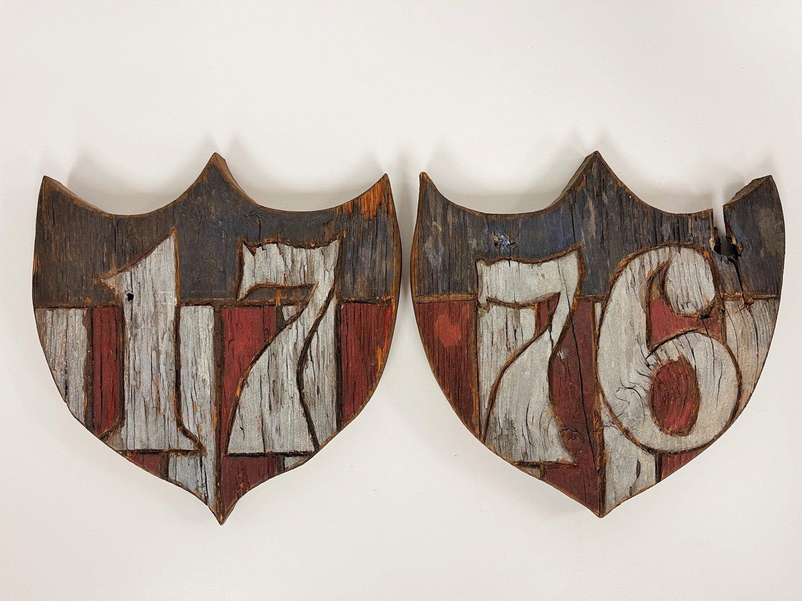 PATRIOTIC PLAQUES C 1876: PATRIOTIC PLAQUES C 1876 CENTENNIAL SHIELD PLAQUES, DRY ORIGINAL PAINT, PINE, UNTOUCHED CONDITION.
