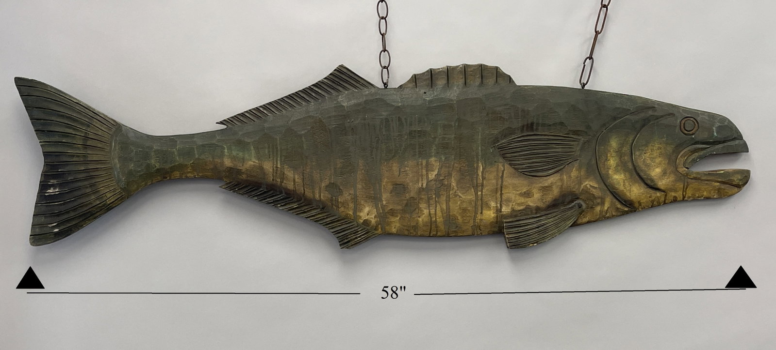 HUGE CARVED WOOD FISHMONGER'S WEATHERED POLYCHROMED SIGN: HUGE CARVED WOOD FISHMONGER'S WEATHERED POLYCHROMED SIGN