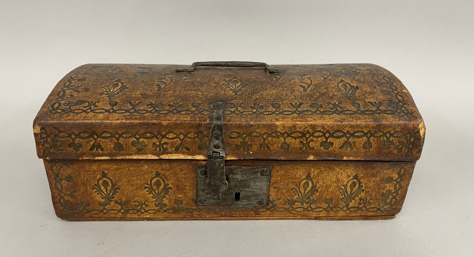 C. 1740 TOOLED LEATHER COVERED BOX W/ FORGED IRON HANDLE (1 of 6)