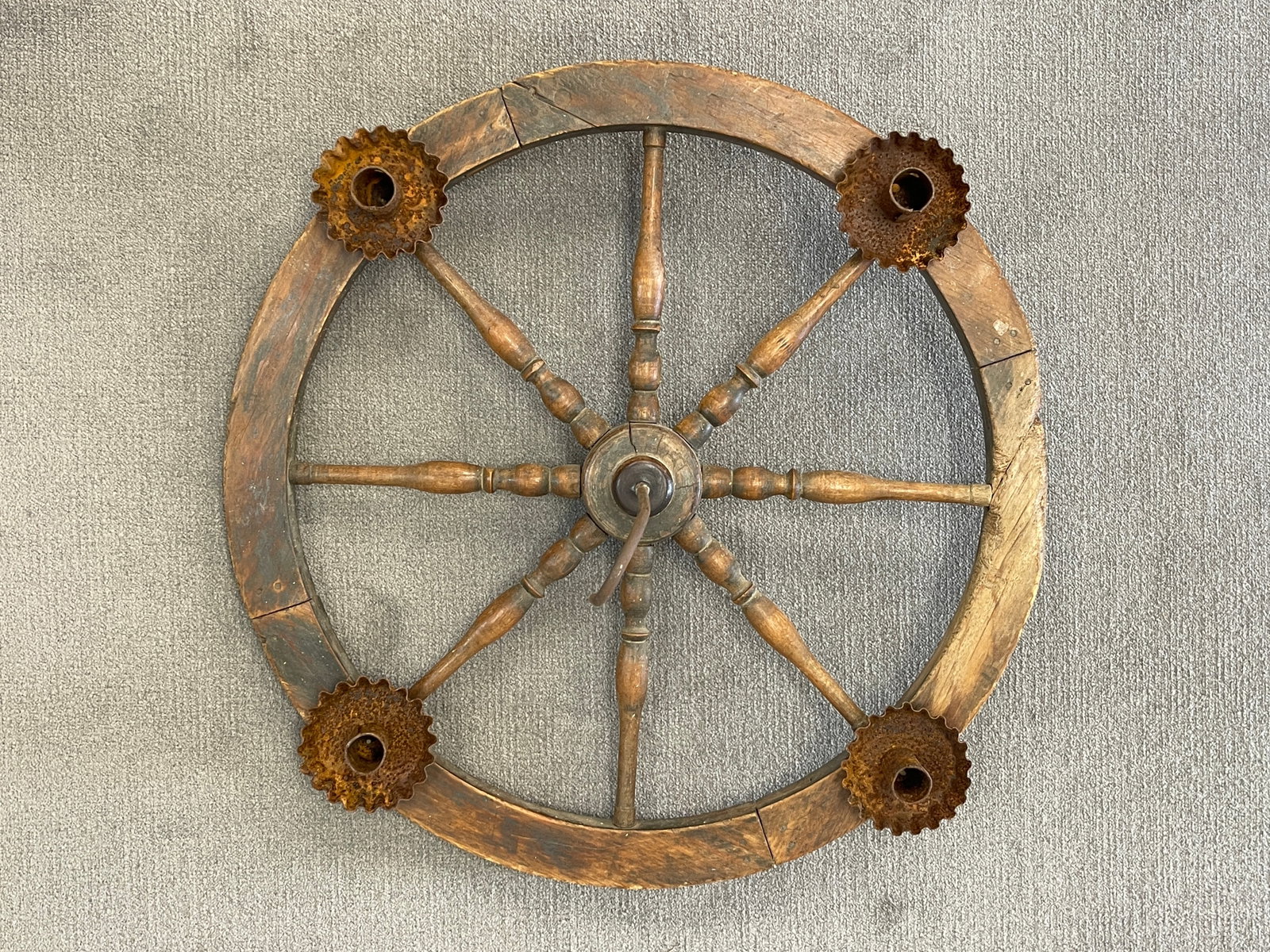 REALLY NEAT ROUND WOODEN CHANDELIER W/ 4 NICE FORGED IRON CANDLE SOCKETS: REALLY NEAT ROUND WOODEN CHANDELIER W/ 4 NICE FORGED IRON CANDLE SOCKETS