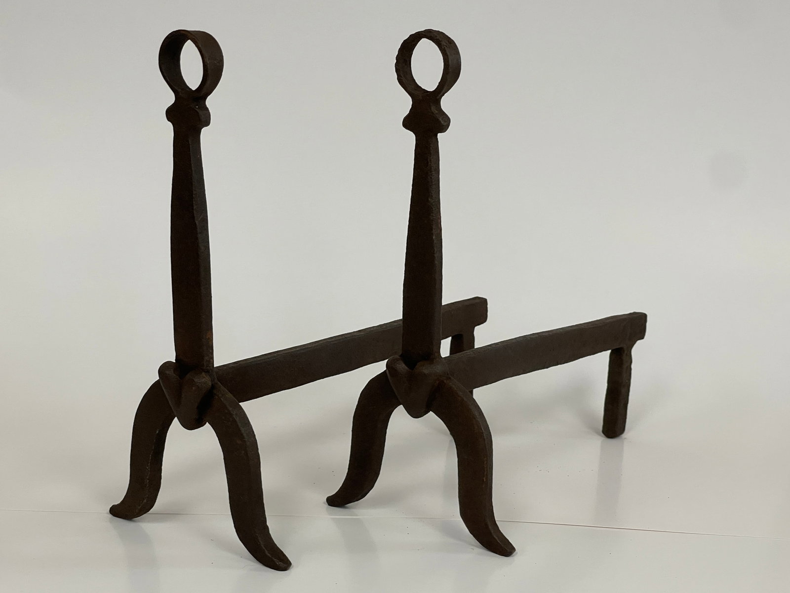 PAIR OF APPRENTICE-MADE MINIATURE HEART-MOTIF ANDIRONS: PAIR OF APPRENTICE-MADE MINIATURE HEART-MOTIF ANDIRONS