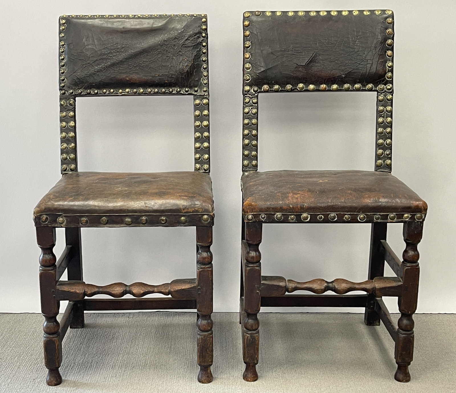 RARE PAIR OF 17TH C LEATHER BACK CHAIRS (1 of 6)