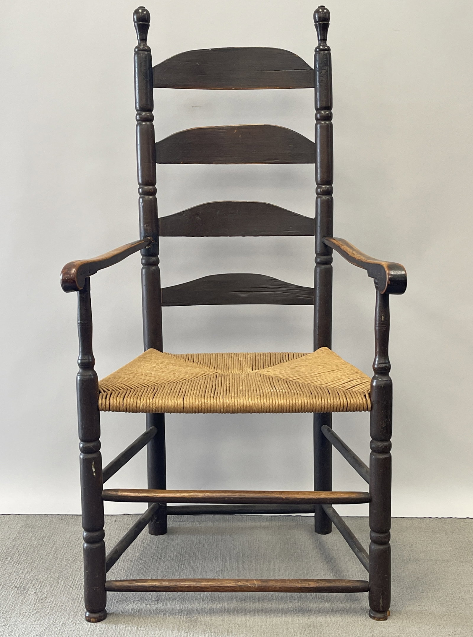 18TH C 4 SLAT LADDER BACK ARMCHAIR: 18TH C 4 SLAT LADDER BACK ARMCHAIR CT C1720 IN OLD BROWN PAINT FULL HEIGHT 48 X 24 X 18
