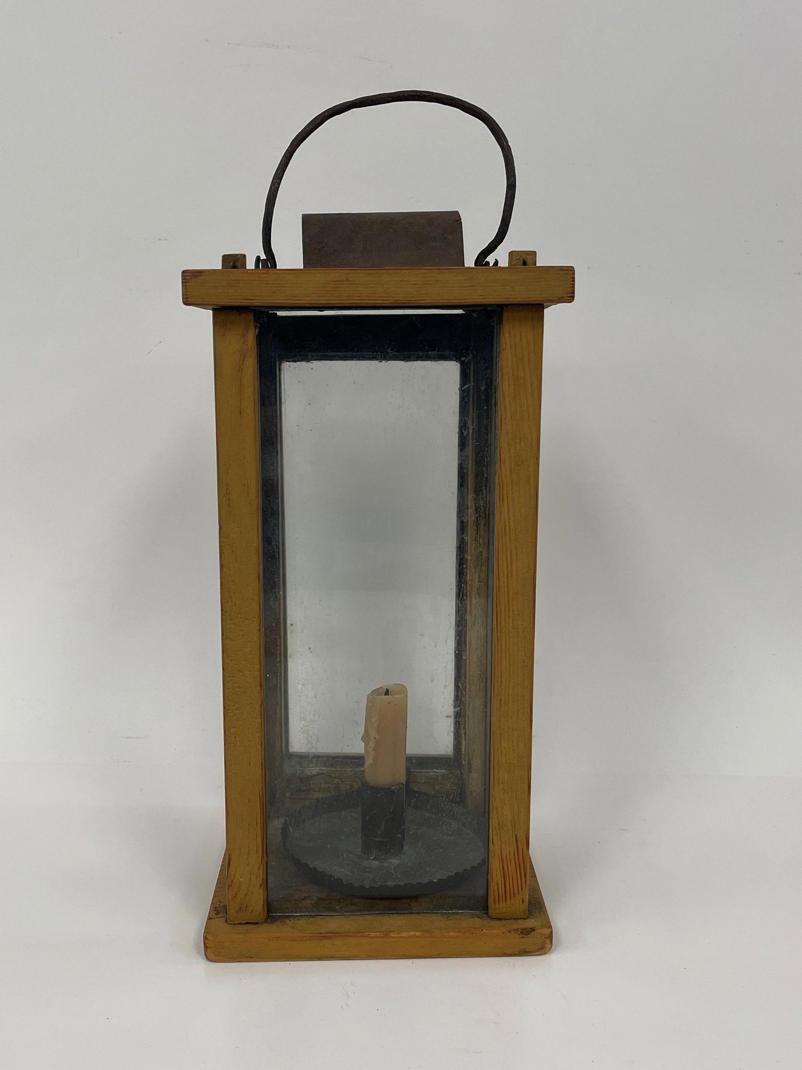 YELLOW PAINTED BARN LANTERN: LATE 18TH - EARLY 19TH C , PINE, YELLOW PAINTED BARN LANTERN STAMPED BRANDED "OB" THREE TIMES,ALL ORIGINAL GLASS, MORTISE AND TENON JOINERY, BLACK PAINTED SHEET IRON CHAMBERSTICK WITHIN, EXCELLENT CON