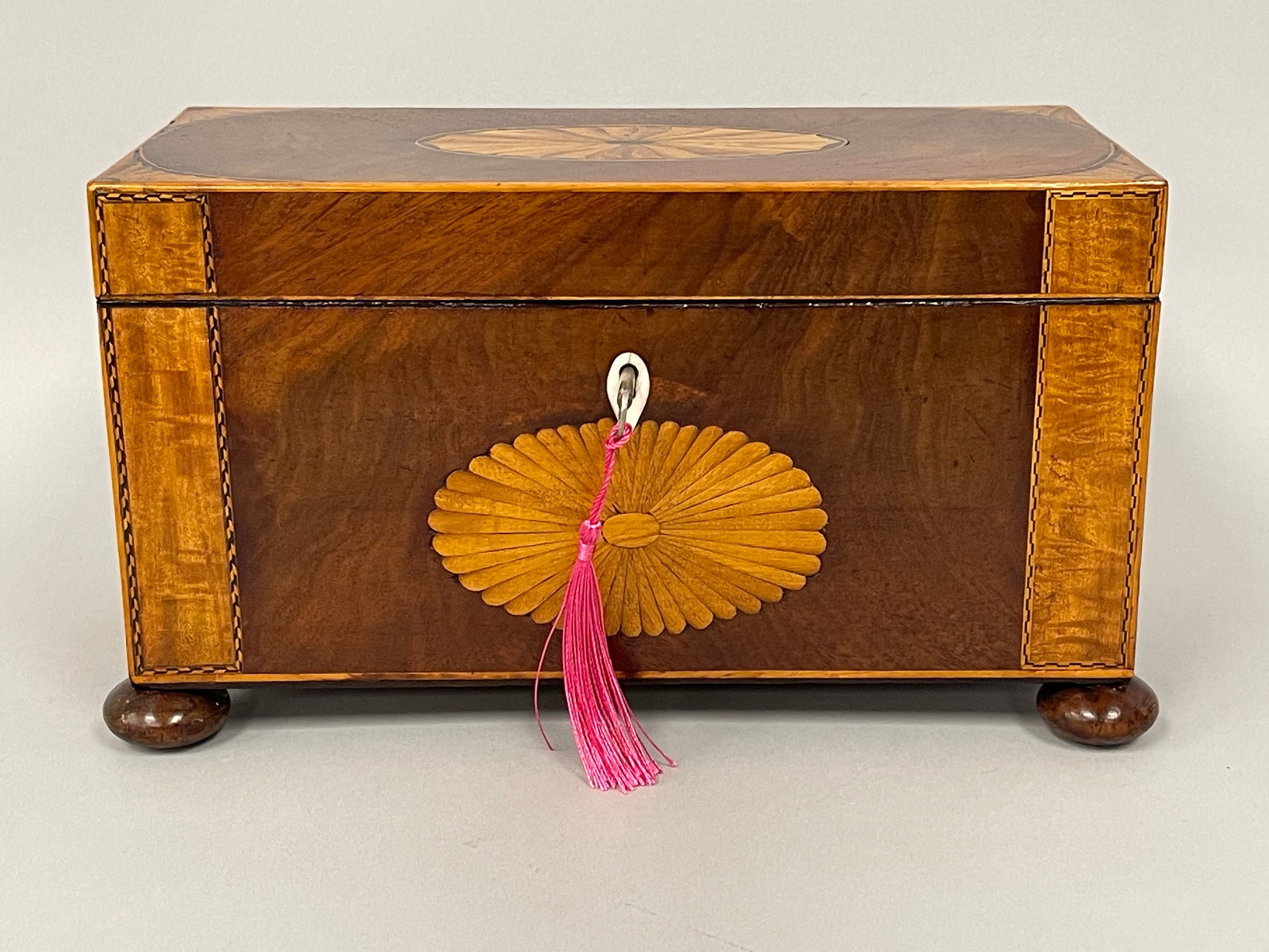19TH C MAHOGANY INLAID TEA CADDY (1 of 9)