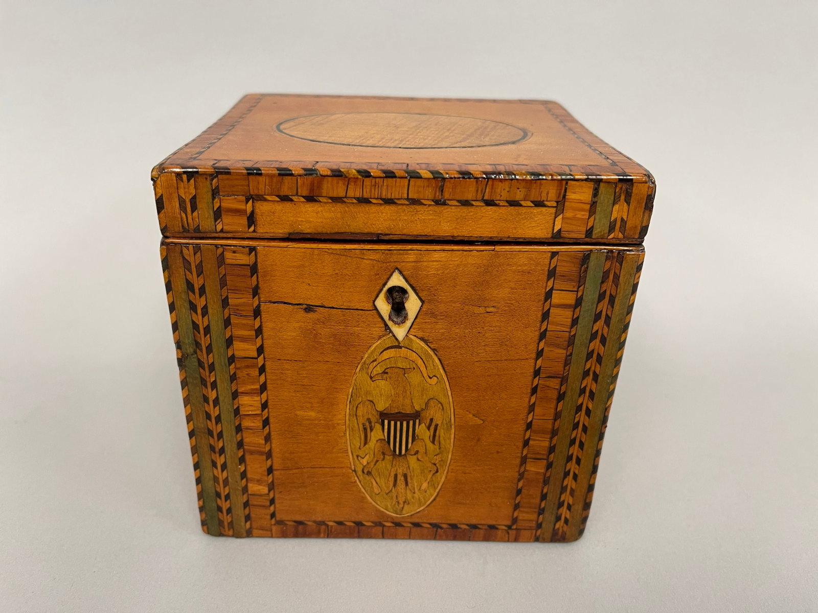 19TH C DIMINUTIVE TEA CADDY WITH EAGLE INLAY (1 of 6)