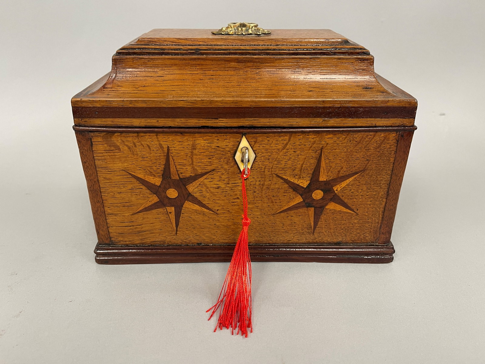 19TH C OAK TEA CADDY WITH INLAY (1 of 6)