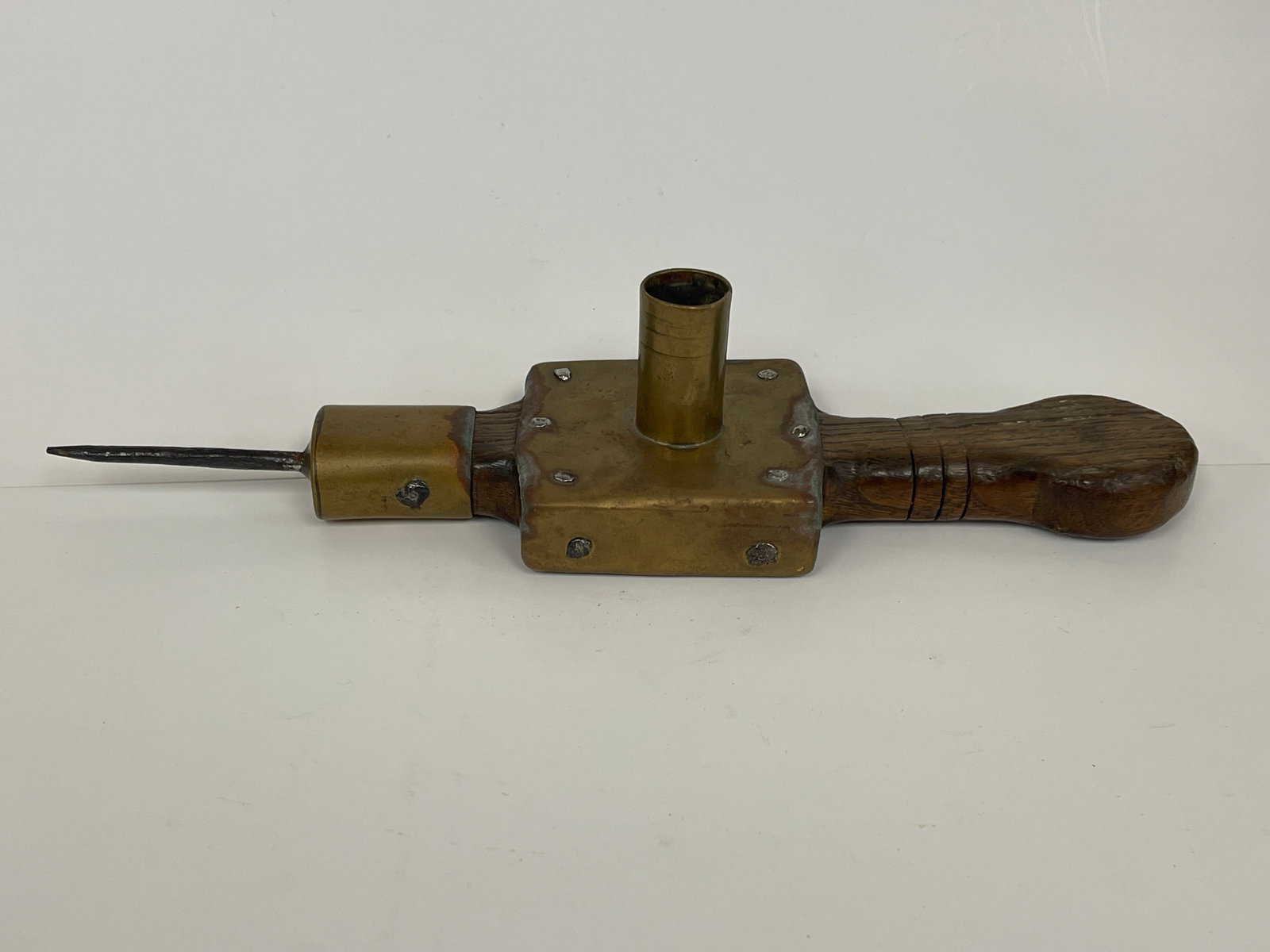 CANDLE PRICKET, BRASS AND WOOD: CANDLE PRICKET, BRASS AND WOOD